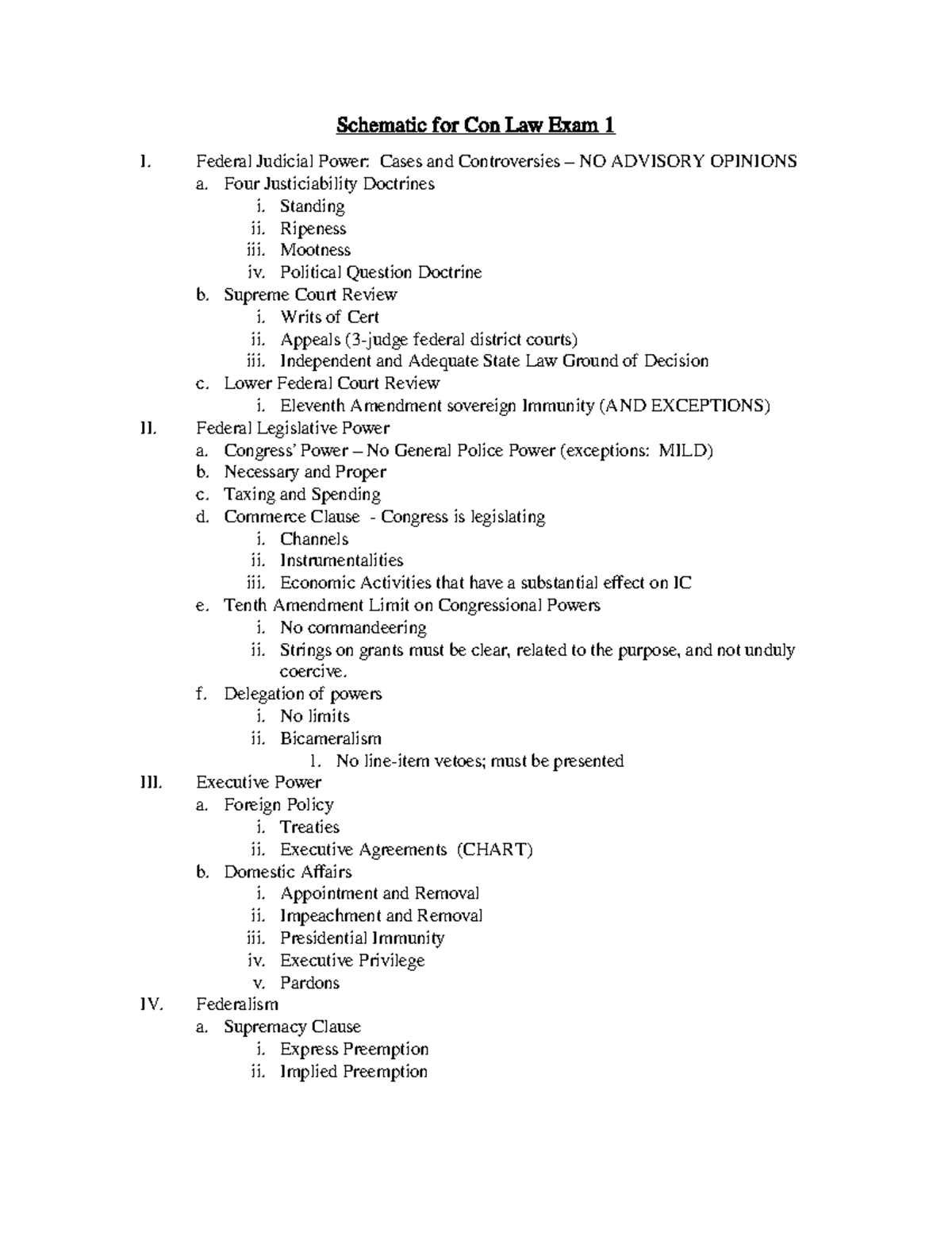 Schematic for Con Law Exam 1 Federal Judicial Power Cases and