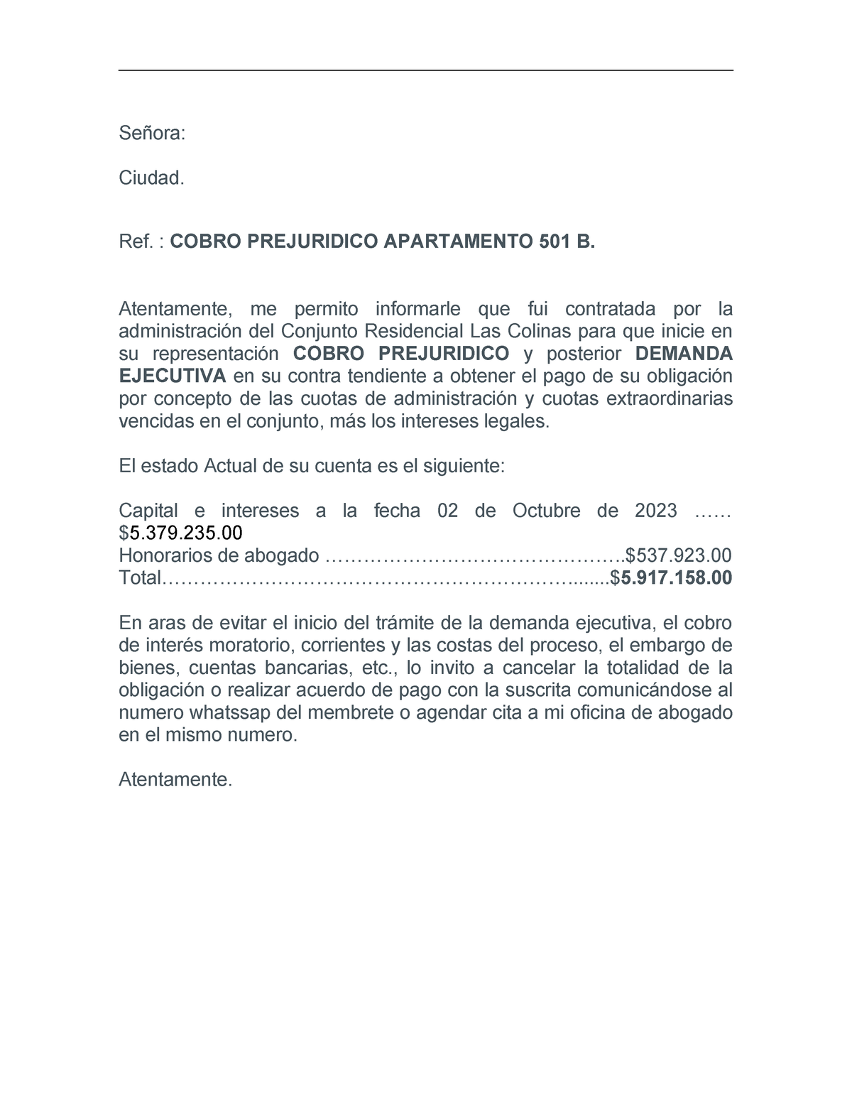 Modelo Carta De Cobro Prejurìdico Señora Ciudad Ref Cobro Prejuridico Apartamento 501 B 4619