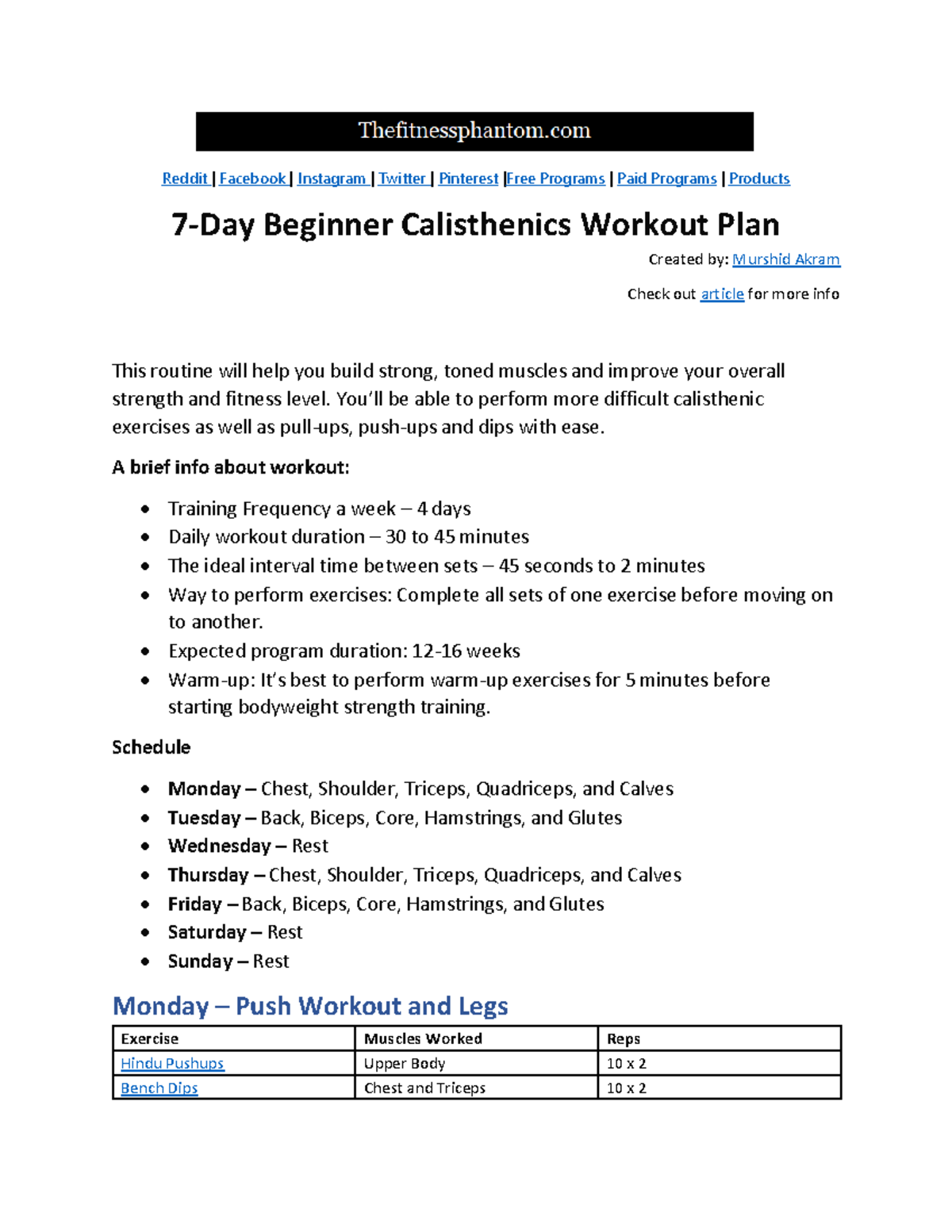 Beginner calisthenics workout plan pdf reddit facebook instagram