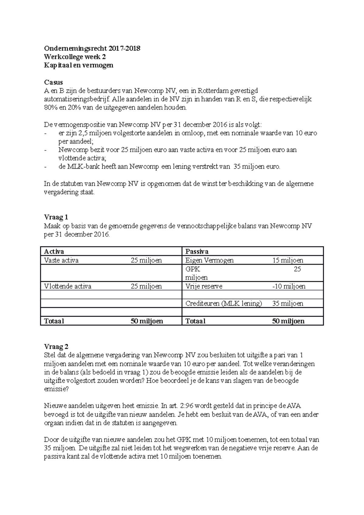 Opdrachten Werkcollege Week 2 OR 2017-2018 - Ondernemingsrecht 2017 ...