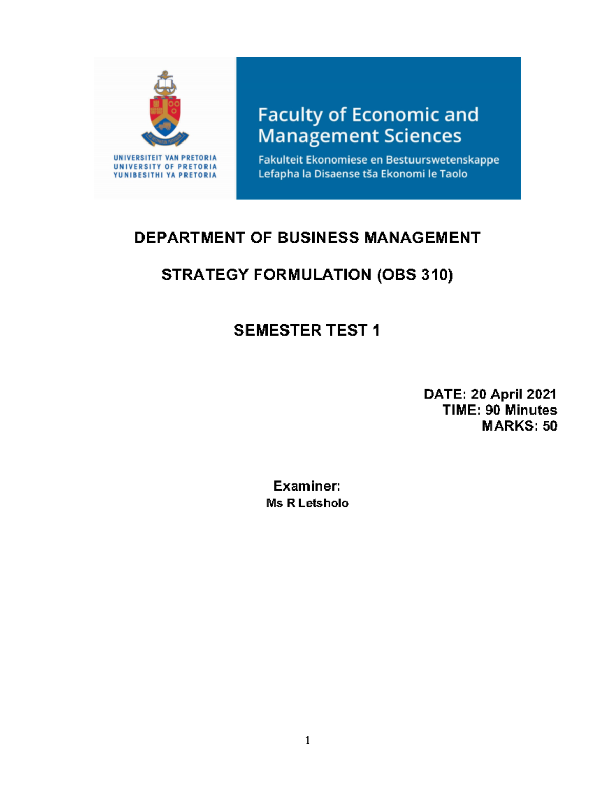 (MEMO) OBS 310 - Semester Test 1 2021 - DEPARTMENT OF BUSINESS ...