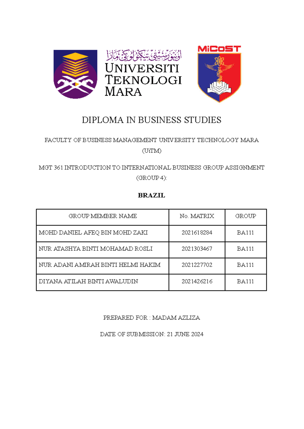 MGT361 Group Assignments in Brazil - DIPLOMA IN BUSINESS STUDIES ...