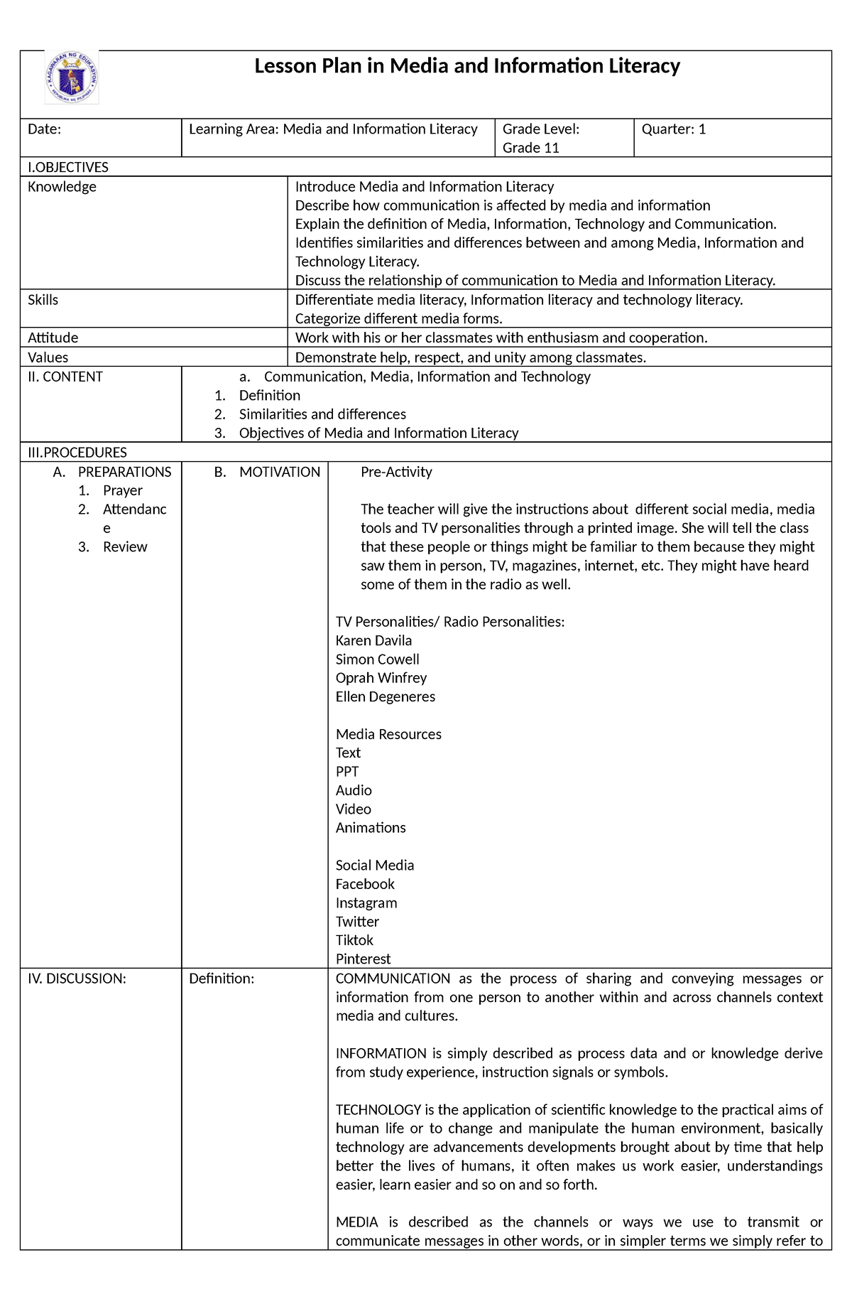 Detailed Lesson Plan In Media And Information Literacy - Lesson Plan In ...