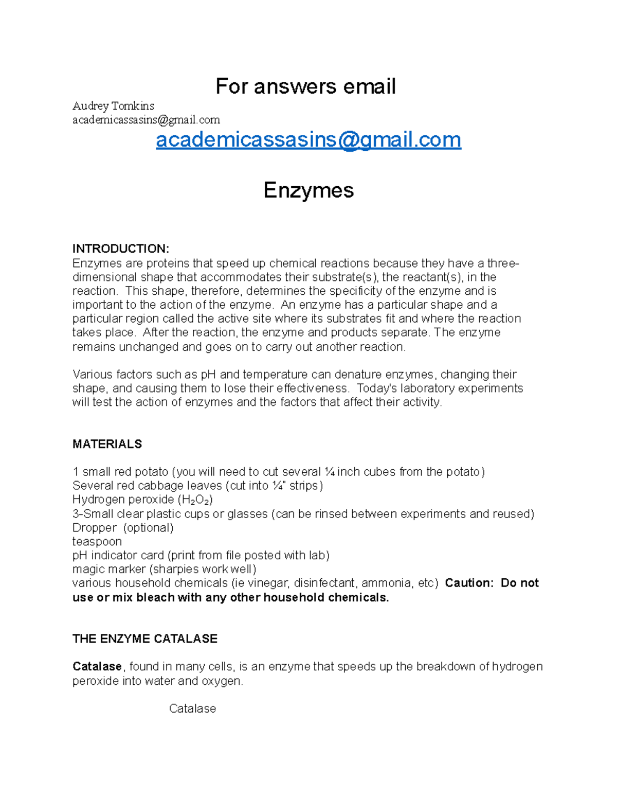 Enzymes lab Lab reports and answers to questions asked in the lab