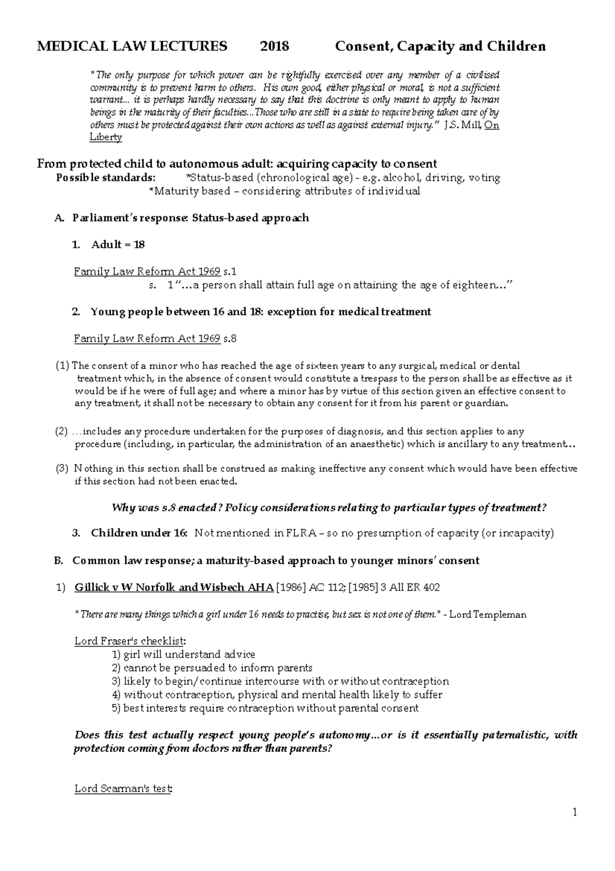 Children capacity consent lecture handout - MEDICAL LAW LECTURES 2018 ...