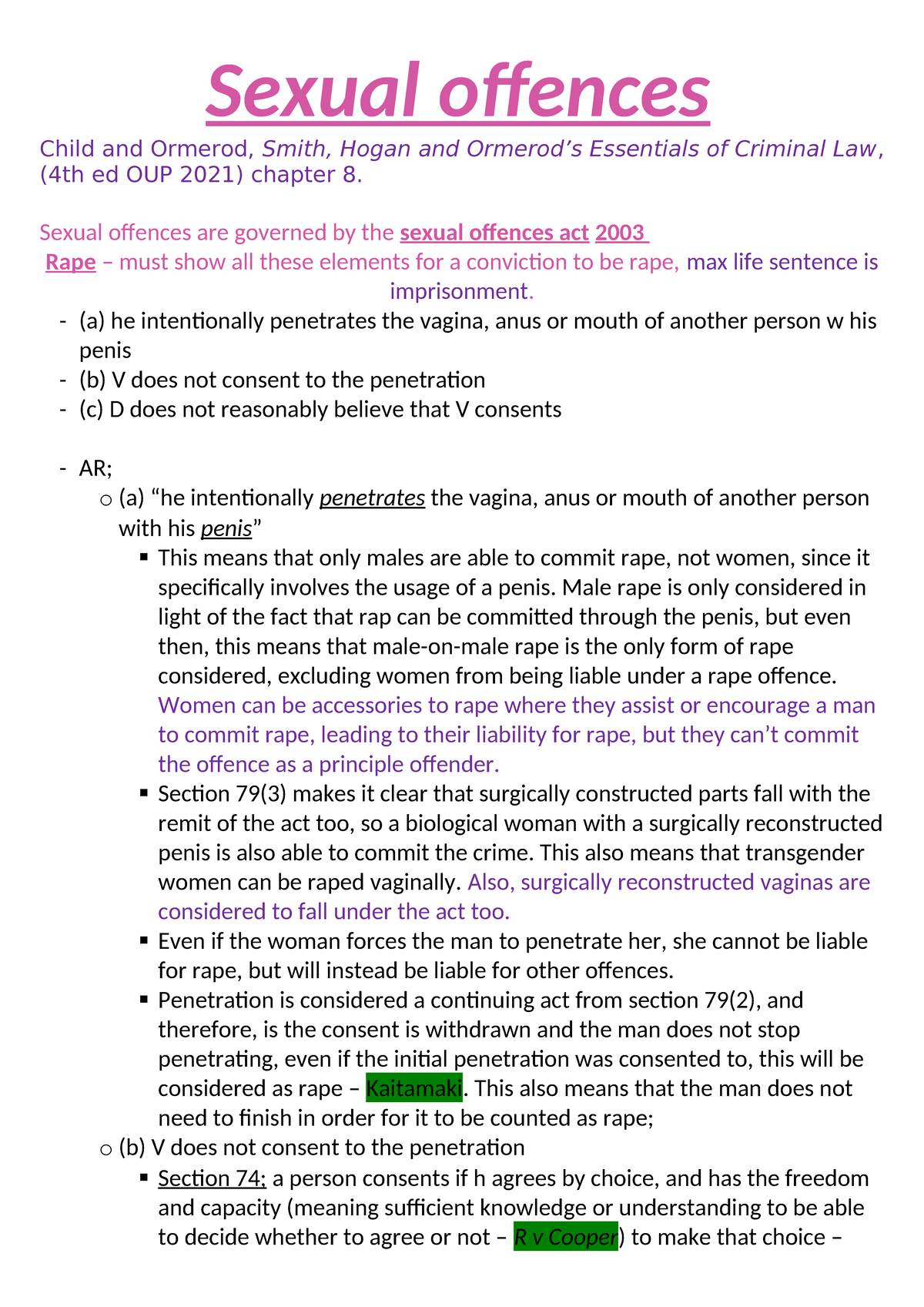 Sexual offences - Sexual offences Child and Ormerod, Smith, Hogan and ...