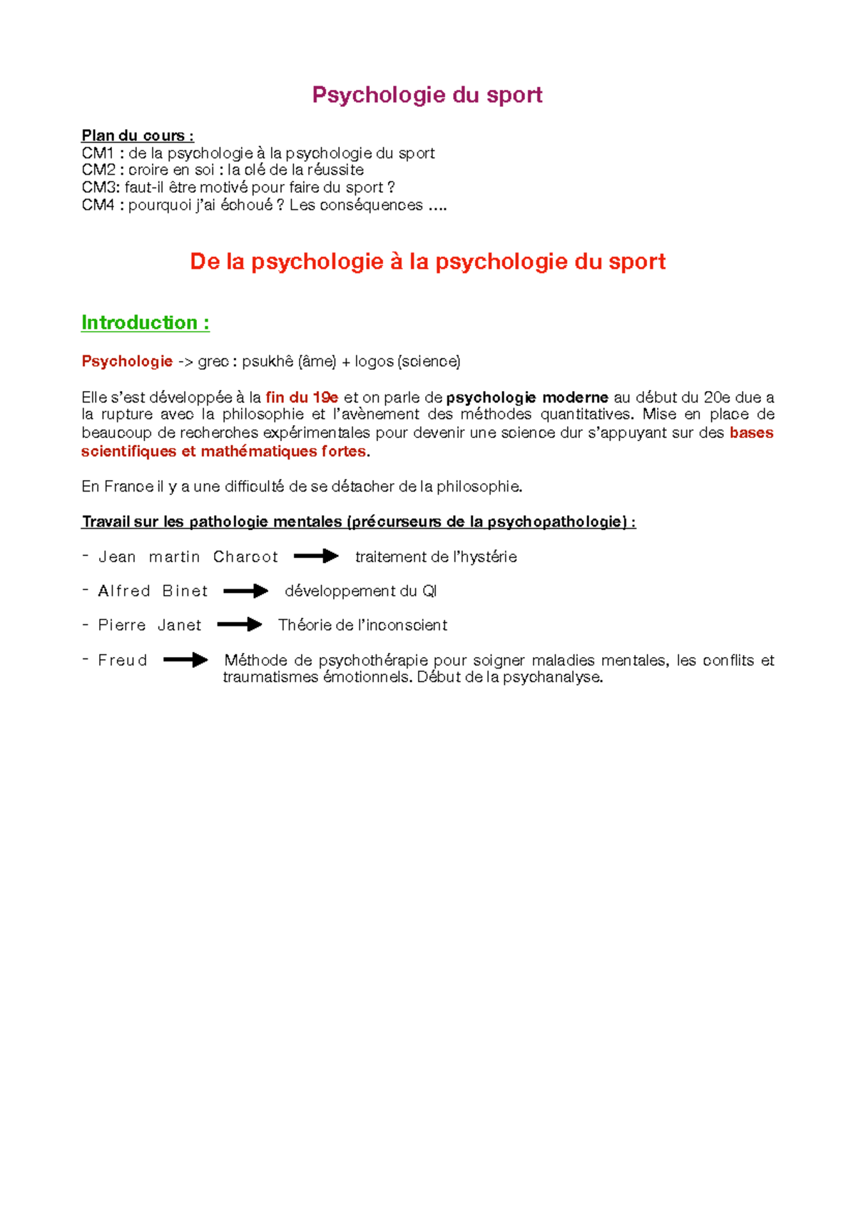 1-Psycho du sport - Psychologie du sport Plan du cours : CM1 : de la ...