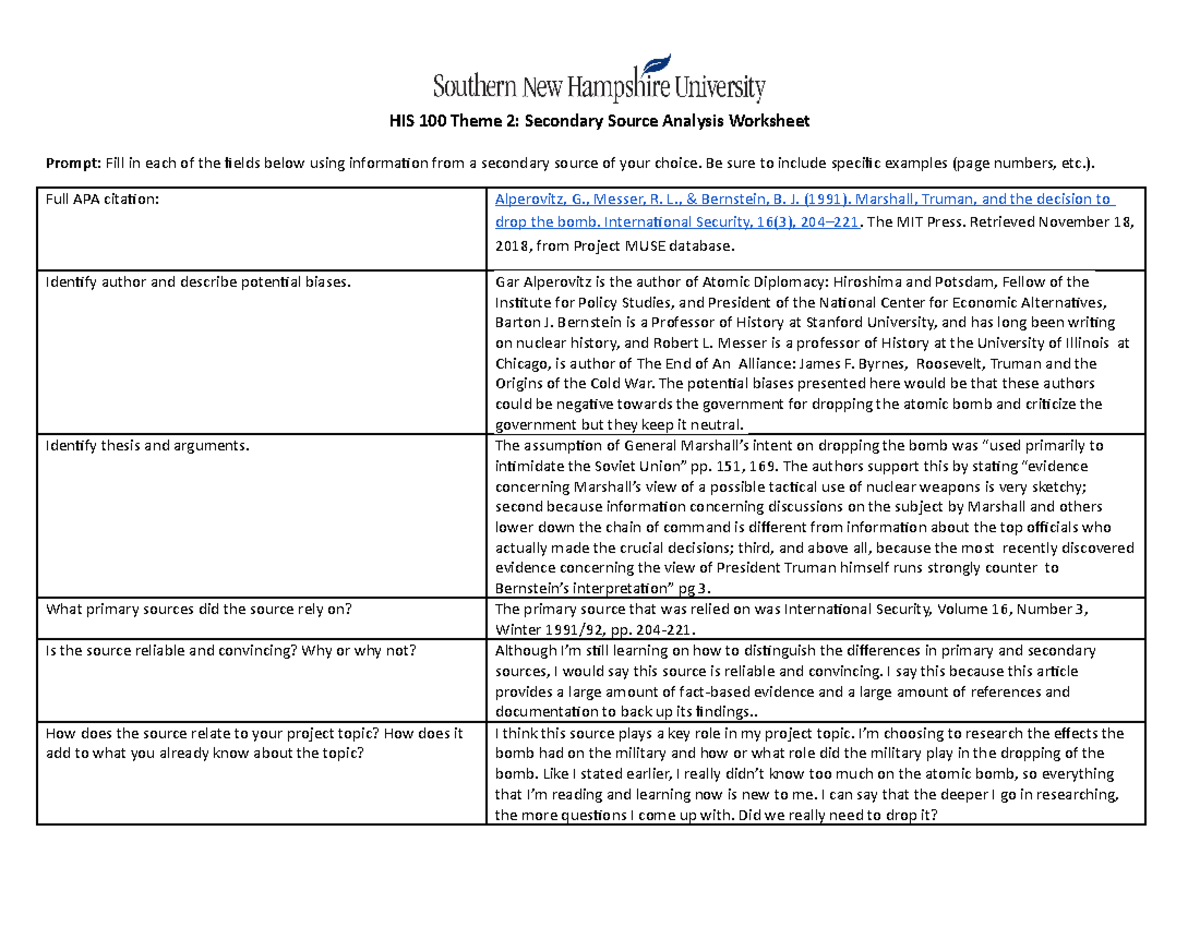 His100 Secondary Source Analysis Worksheet - HIS 100 Theme 2: Secondary ...