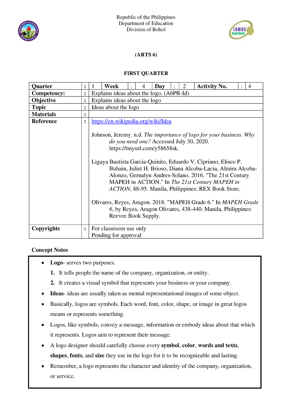 Arts 6 Q1 LAS Wk4 - none - Republic of the Philippines Department of ...