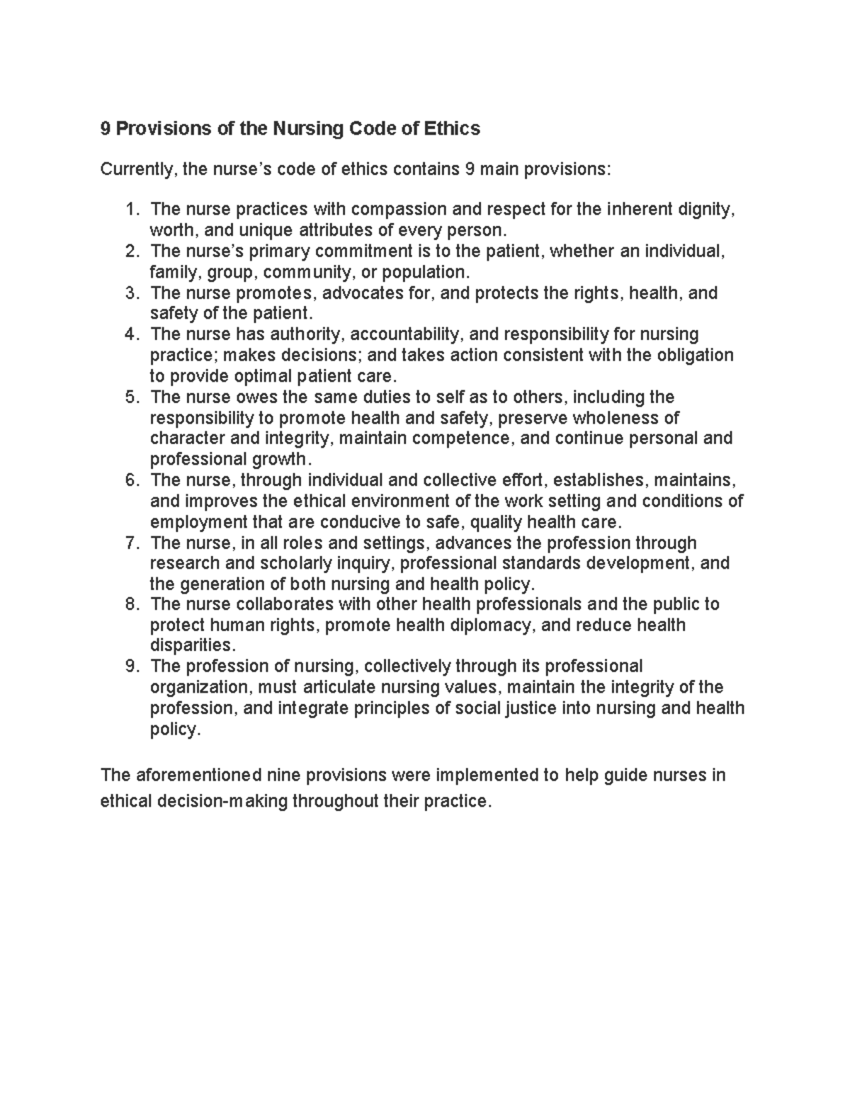 9 Provisions of the Nursing Code of Ethics - The nurse’s primary ...