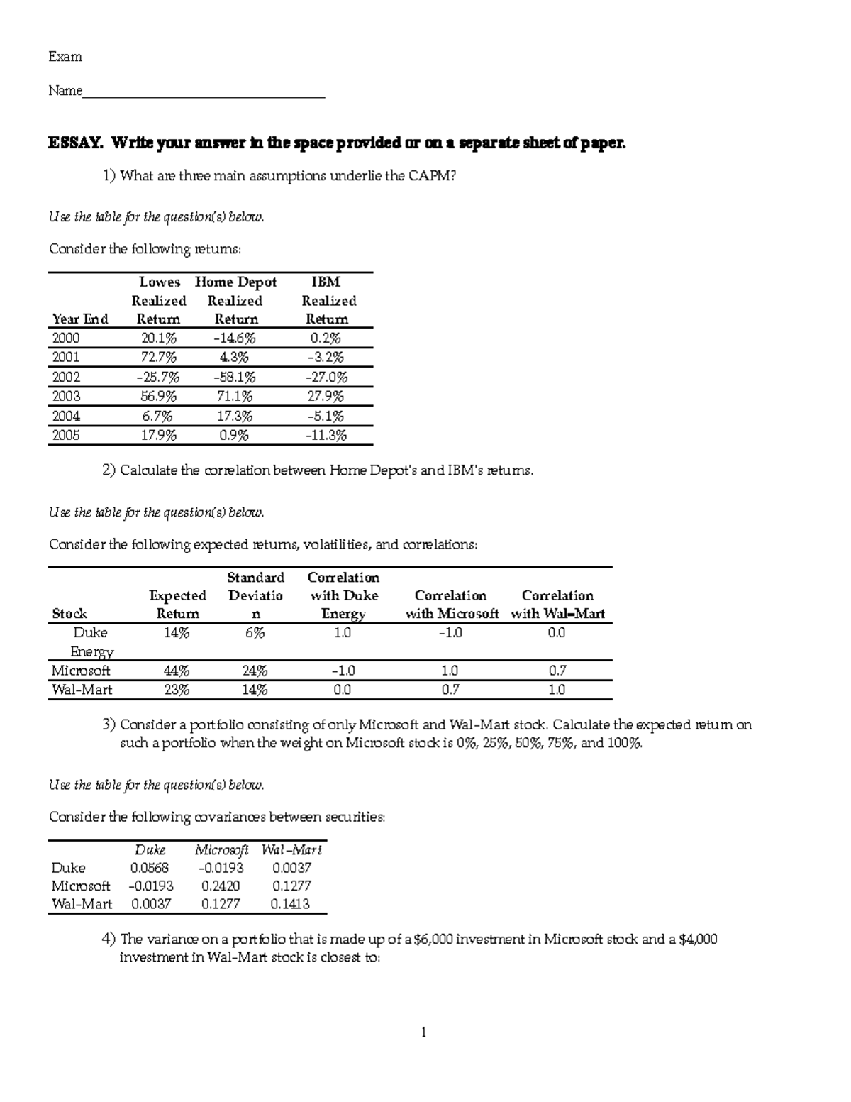 Risk And Returns Practice Questions - BUS-2819 - U Of W - Studocu