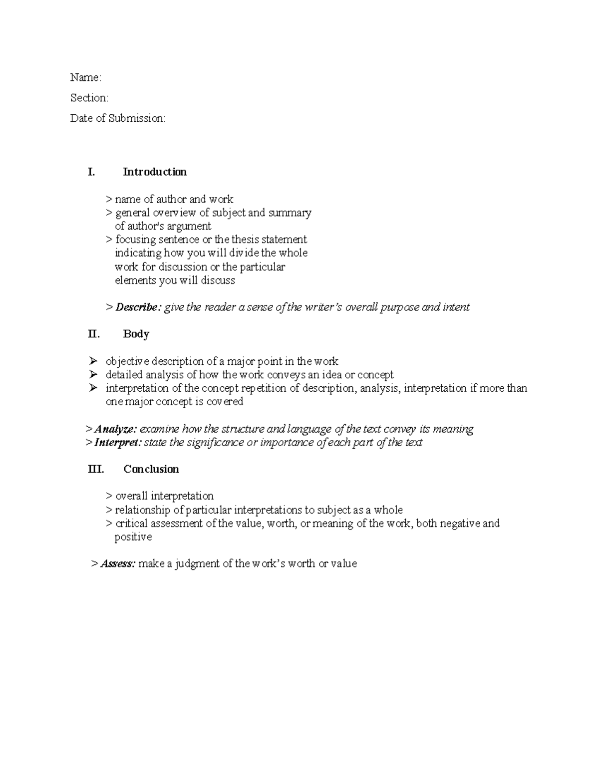 Format for the Critique Paper - Name: Section: Date of Submission: I ...