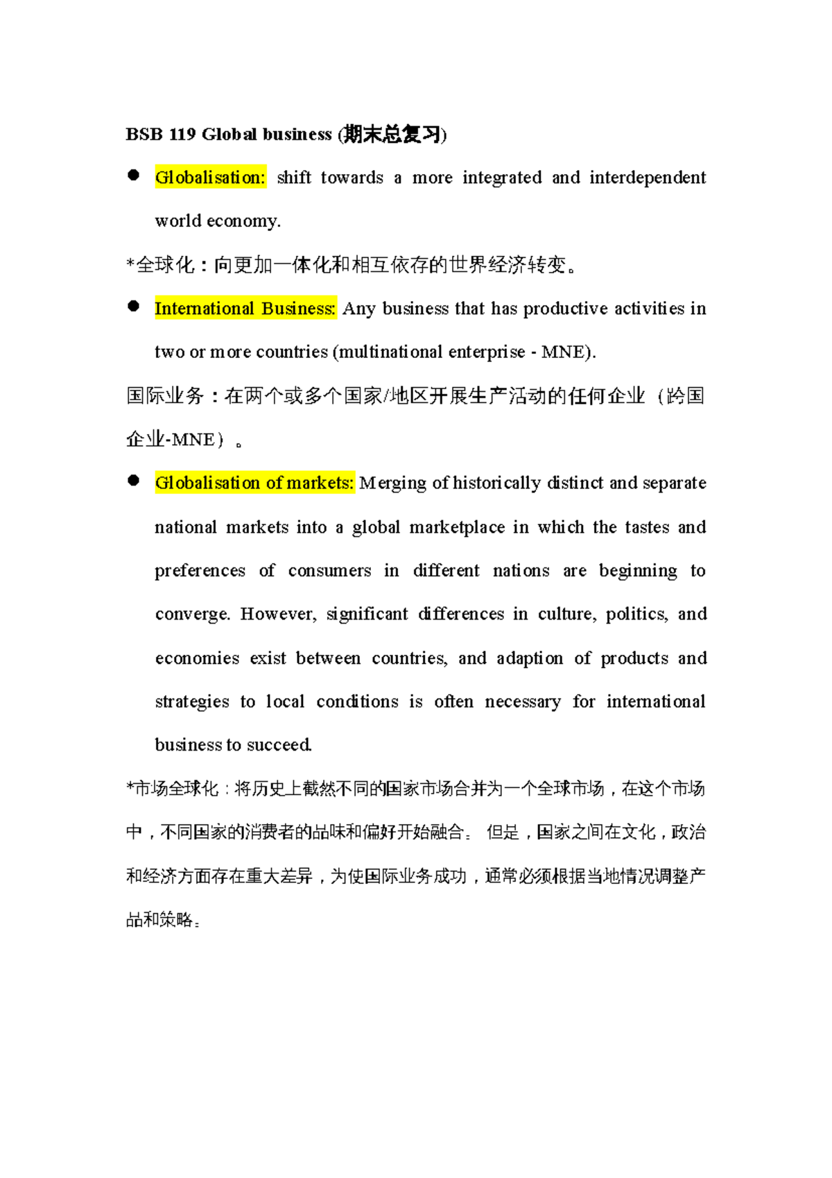 Bsb119 - 1-4 notes with mandarin translation - BSB 119 Global business ...