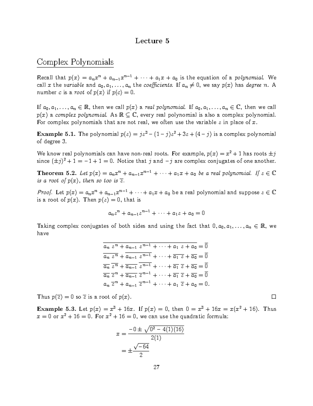 5 - Complex Poly, Proof, Rounding - Lecture 5 Complex Polynomials ...