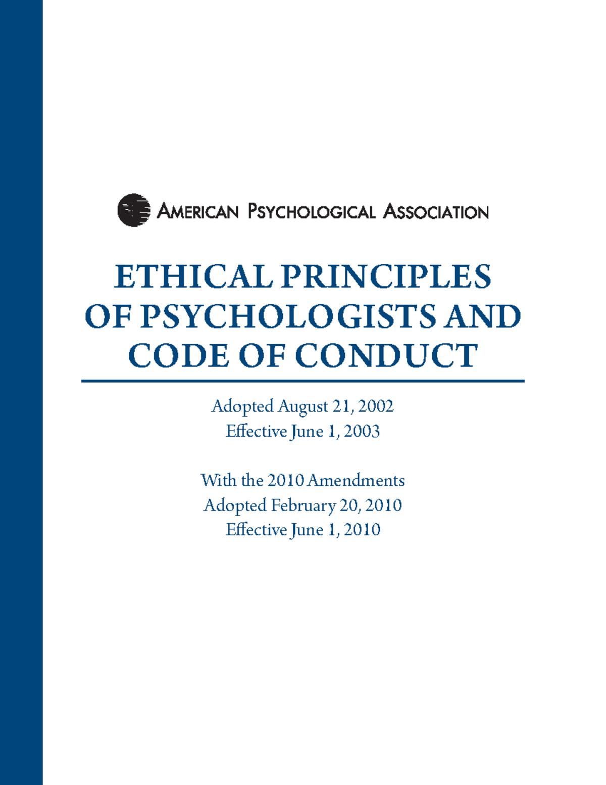 APA Code of Conduct 2002 - Ethical PrinciPlEs of Psychologists and codE ...