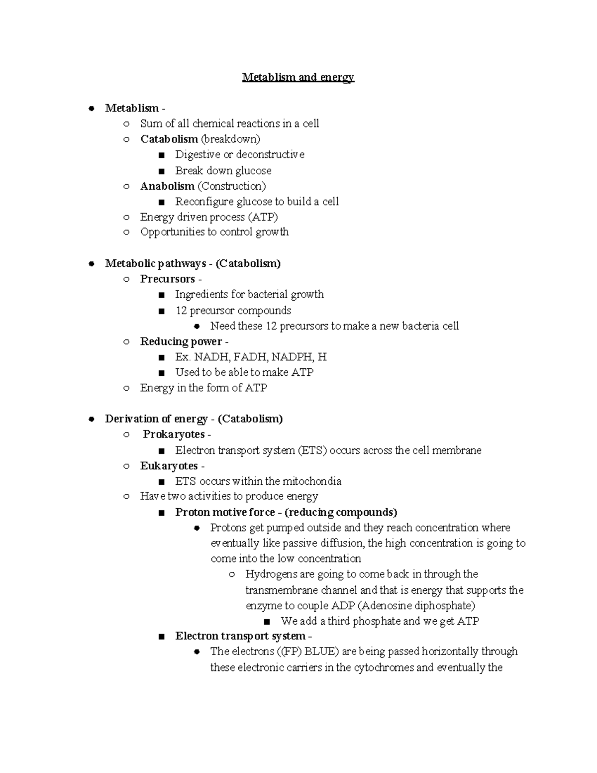 Microbiology - Metablism and energy - Metablism and energy Metablism ...