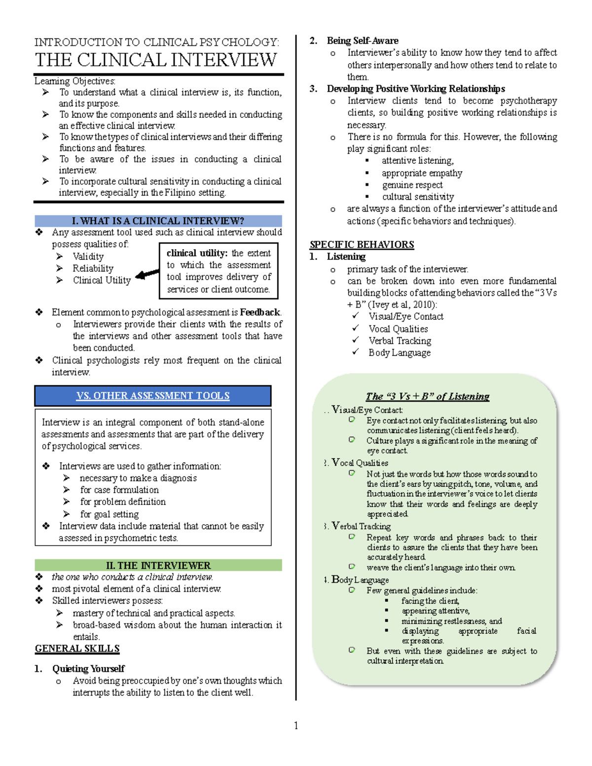 Handouts_The Clinical Interview_Introduction to Clinical Psychology_by ...