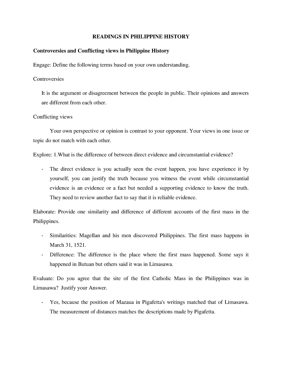 Controversies and Conflicting views in Philippine History - READINGS IN ...