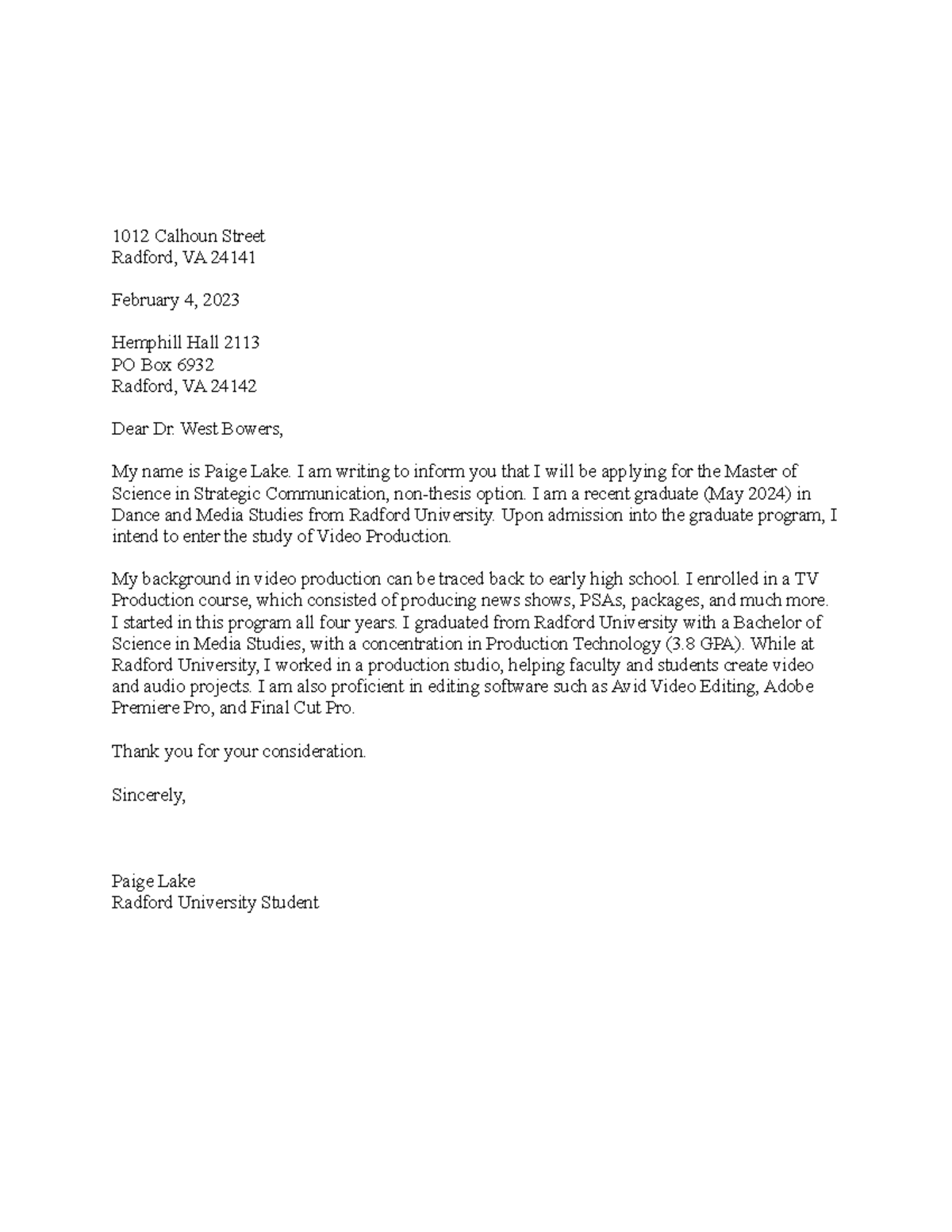 Business Letter - 1012 Calhoun Street Radford, VA 24141 February 4 ...