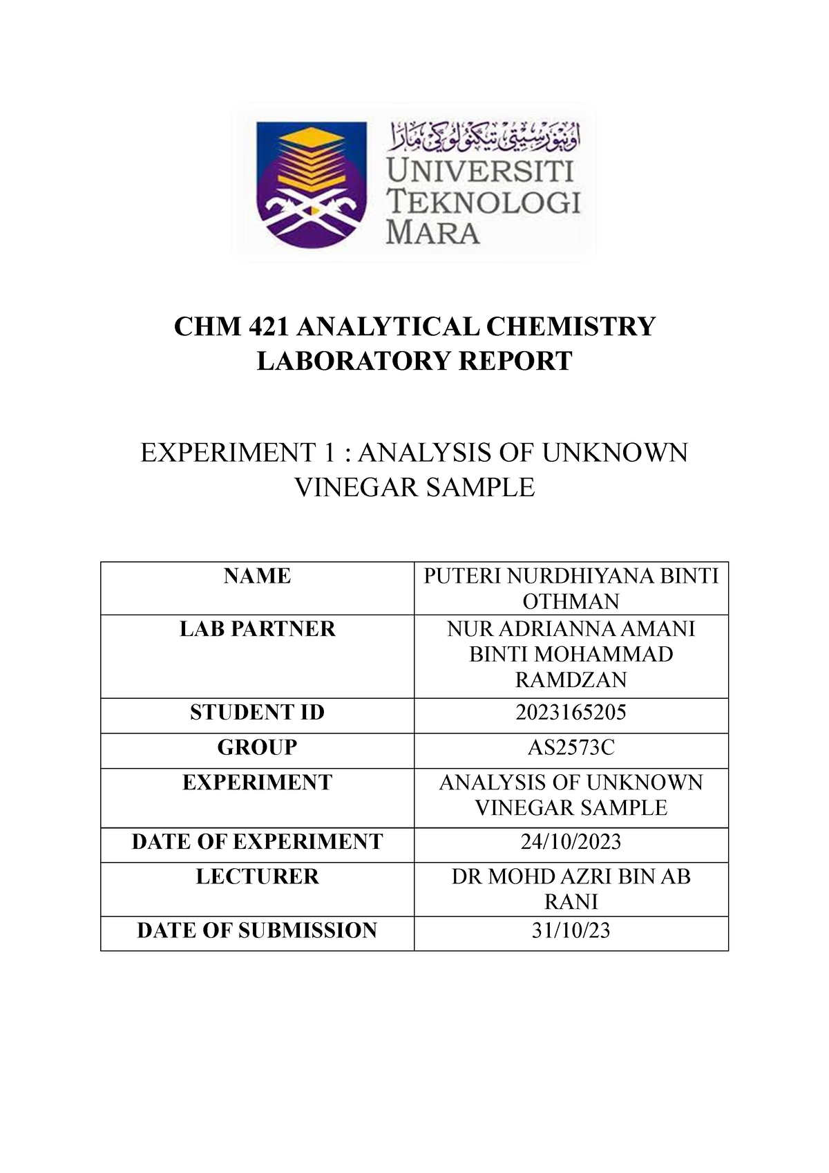 LAB Report CHM421 EXP2 - CHM 421 ANALYTICAL CHEMISTRY LABORATORY REPORT ...