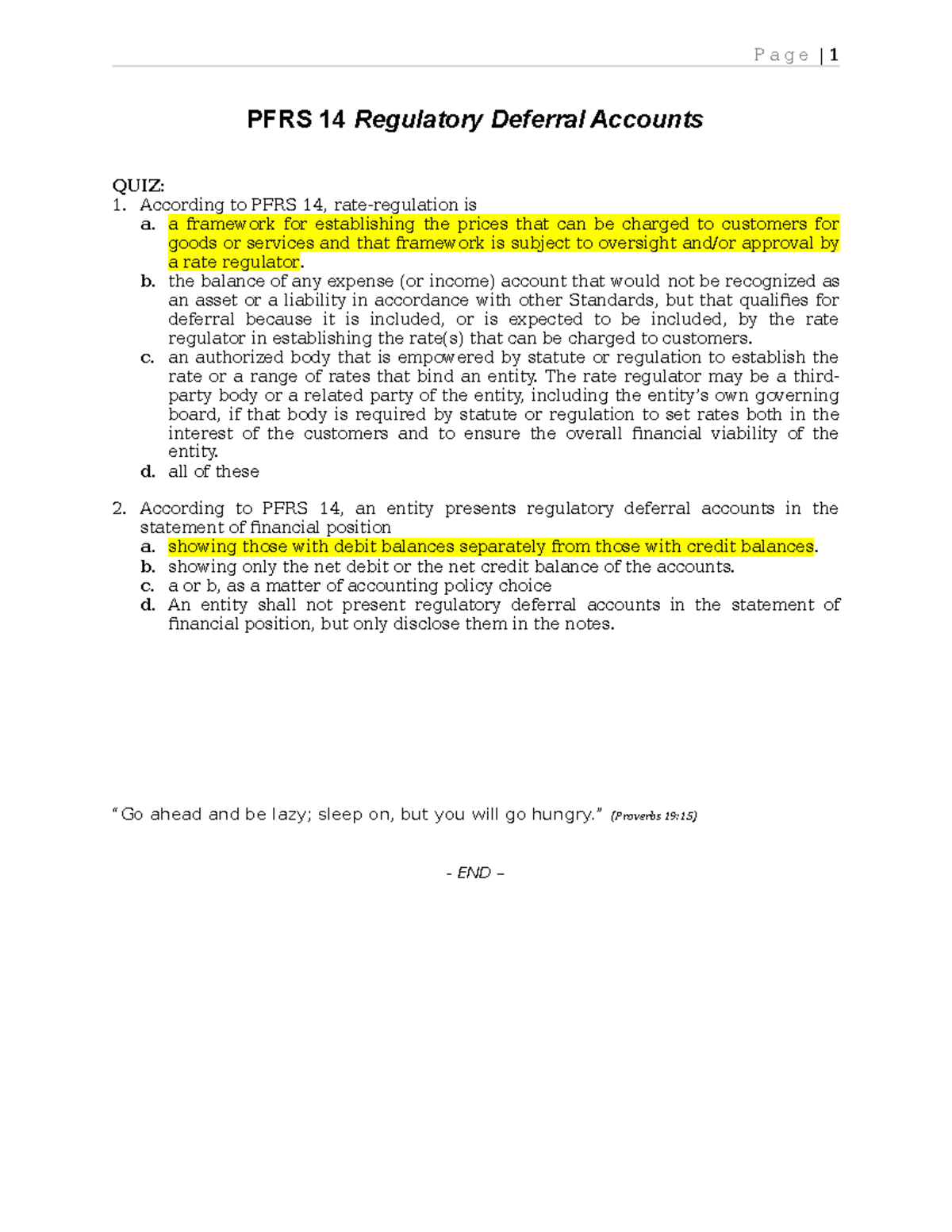 QUIZ PFRS 14 Regulatory Deferral Accounts Page 1 PFRS 14 Regulatory
