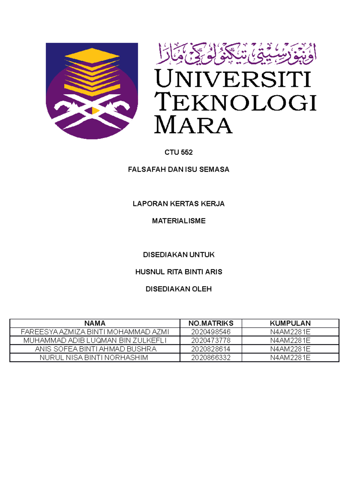Materialisme Ctu 552 Falsafah Dan Isu Semasa Laporan Kertas Kerja Materialisme Disediakan Untuk Studocu