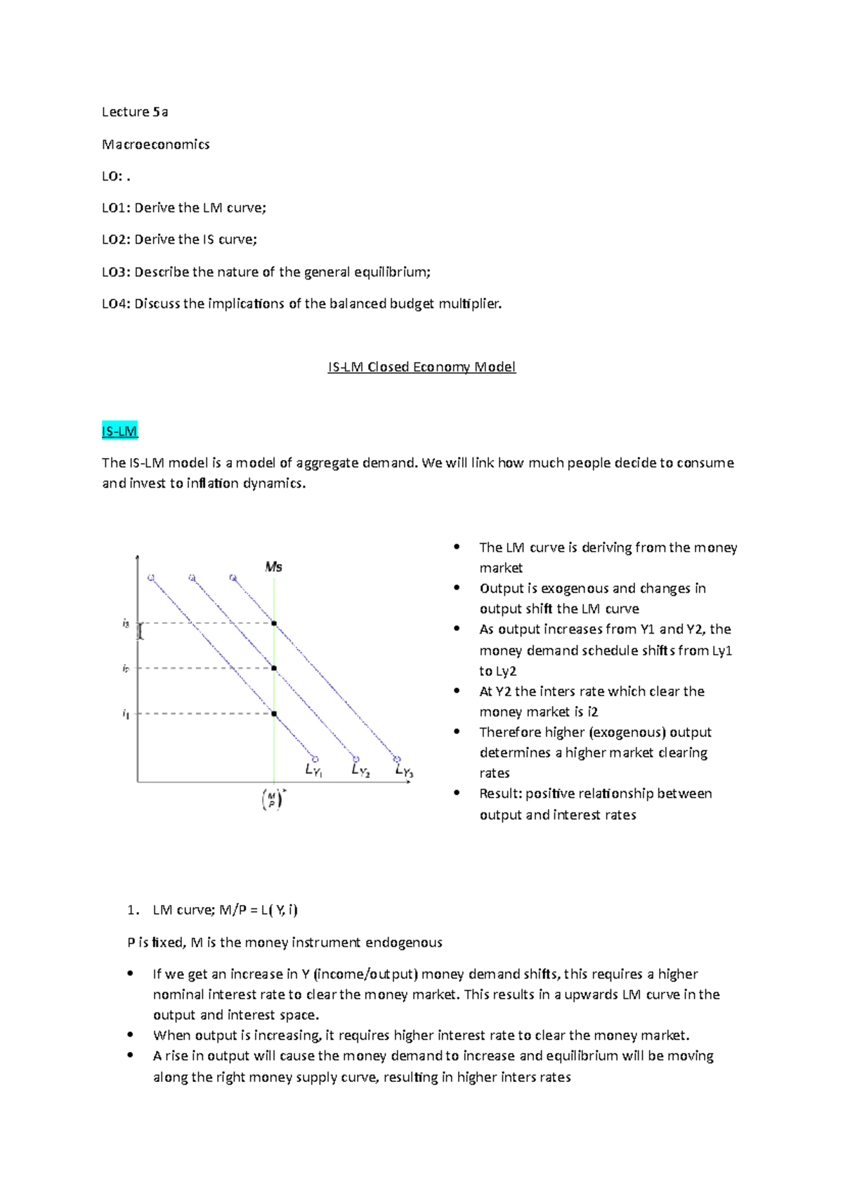 Lecture 5a - IS-LM Closed Economy Model - Lecture 5a Macroeconomics LO ...