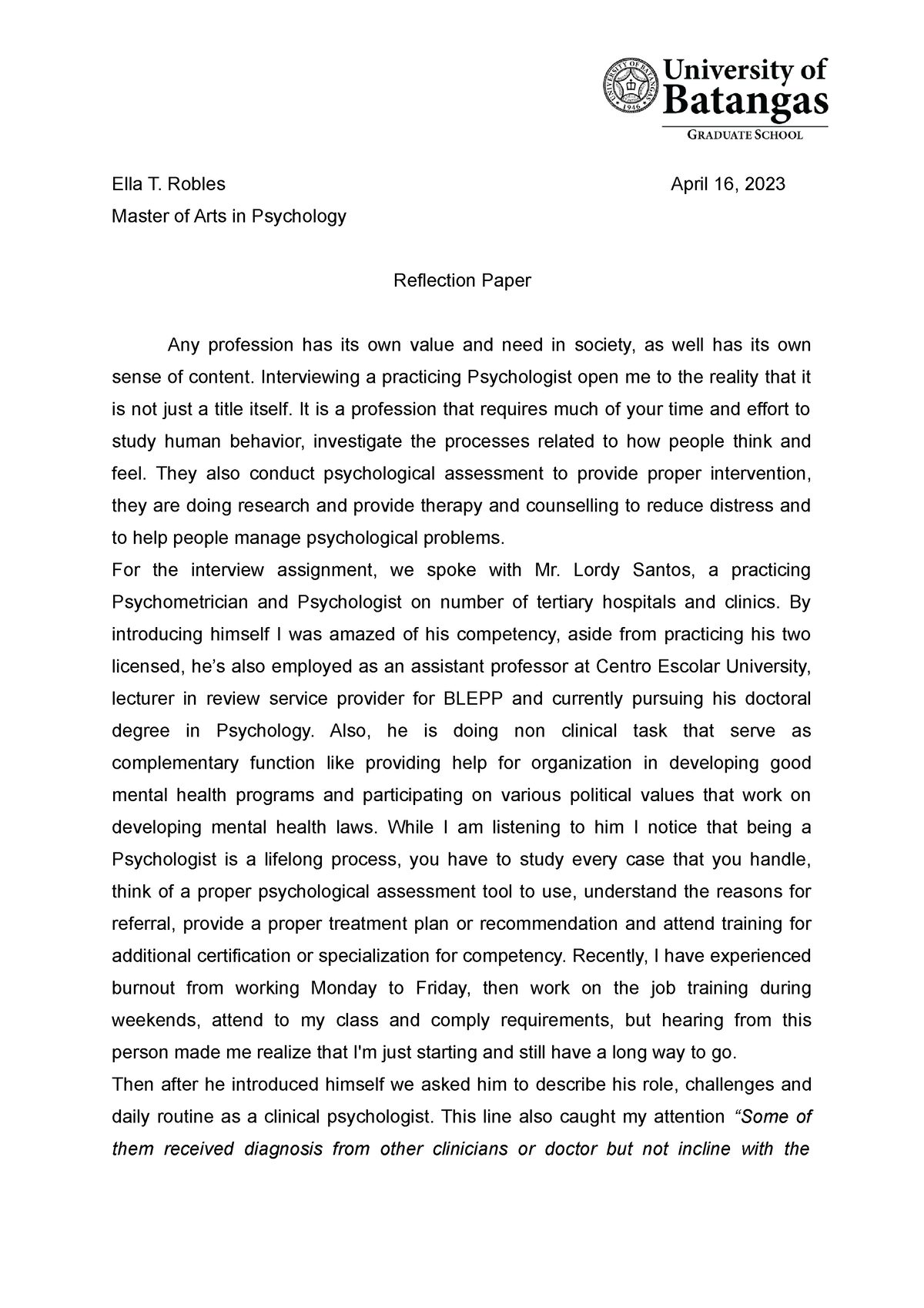 reflection paper about educational psychology