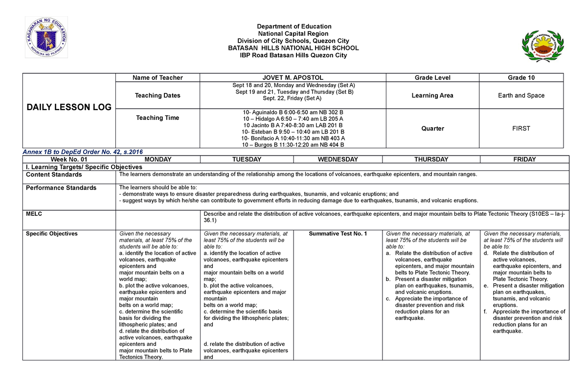 Lesson Plan In Science 10 - Department Of Education National Capital 