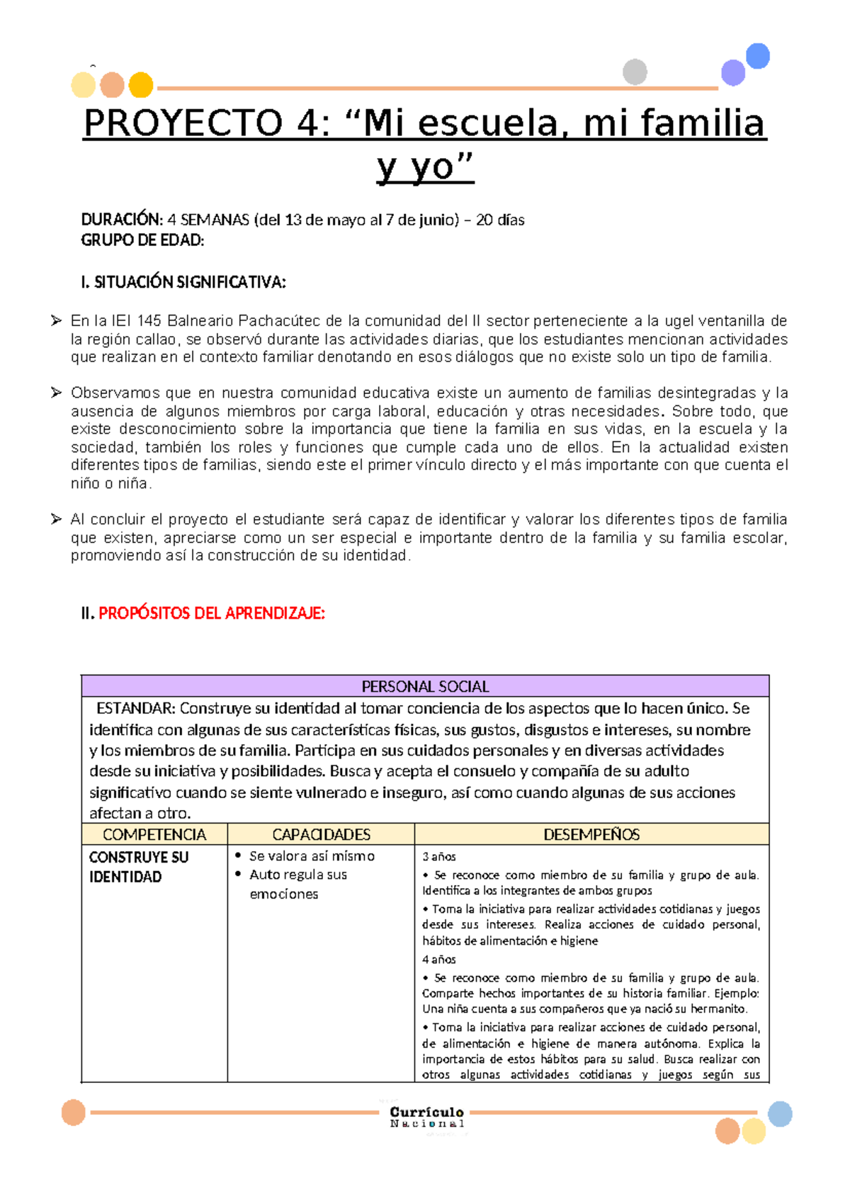 Proyecto 4 . 2024 - PROYECTO 4: “Mi escuela, mi familia y yo” DURACIÓN ...