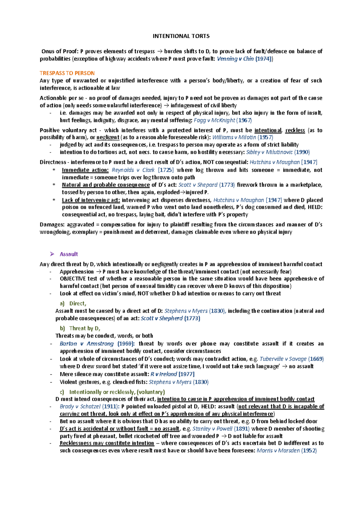 Torts Notes - INTENTIONAL TORTS Onus of Proof: P proves elements of ...
