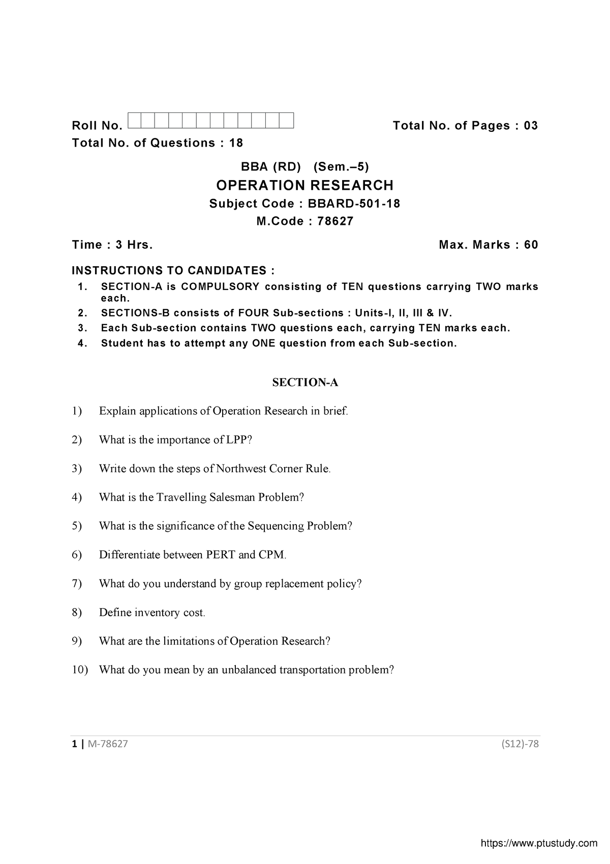 operation research question paper bba
