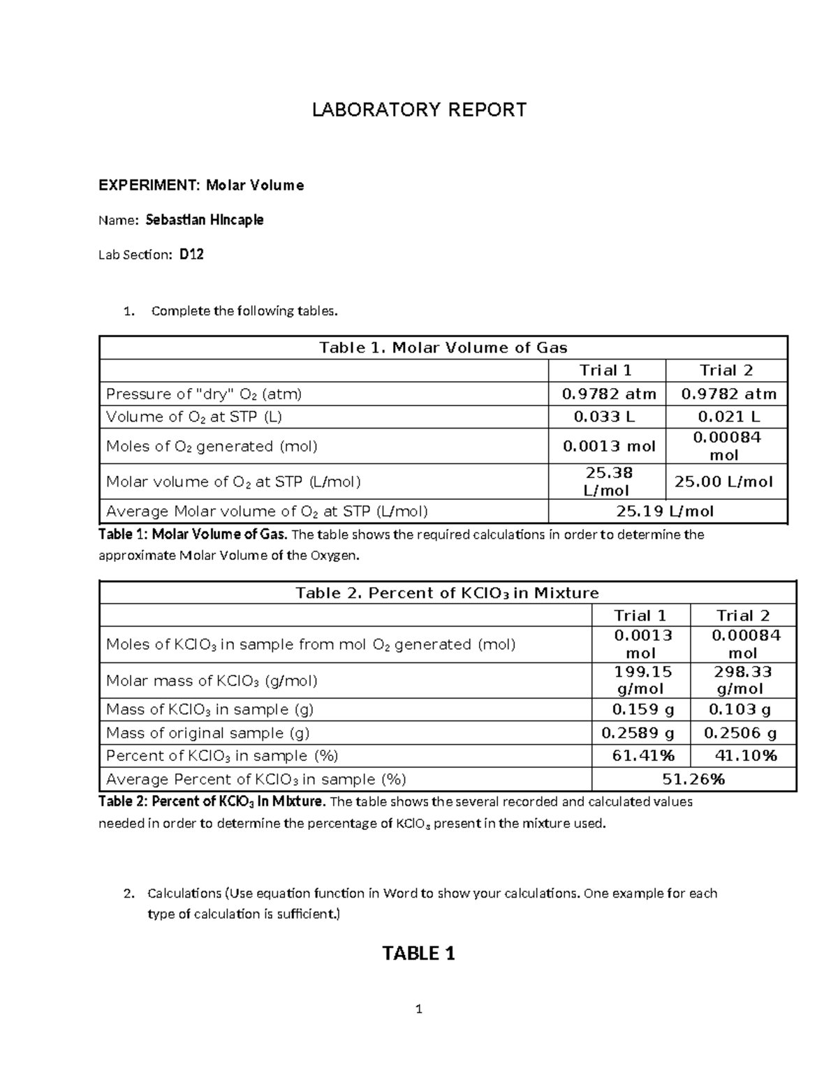 Experiment 13: CaCO3 Analysis and Molar Volume of CO2 - LABORATORY ...