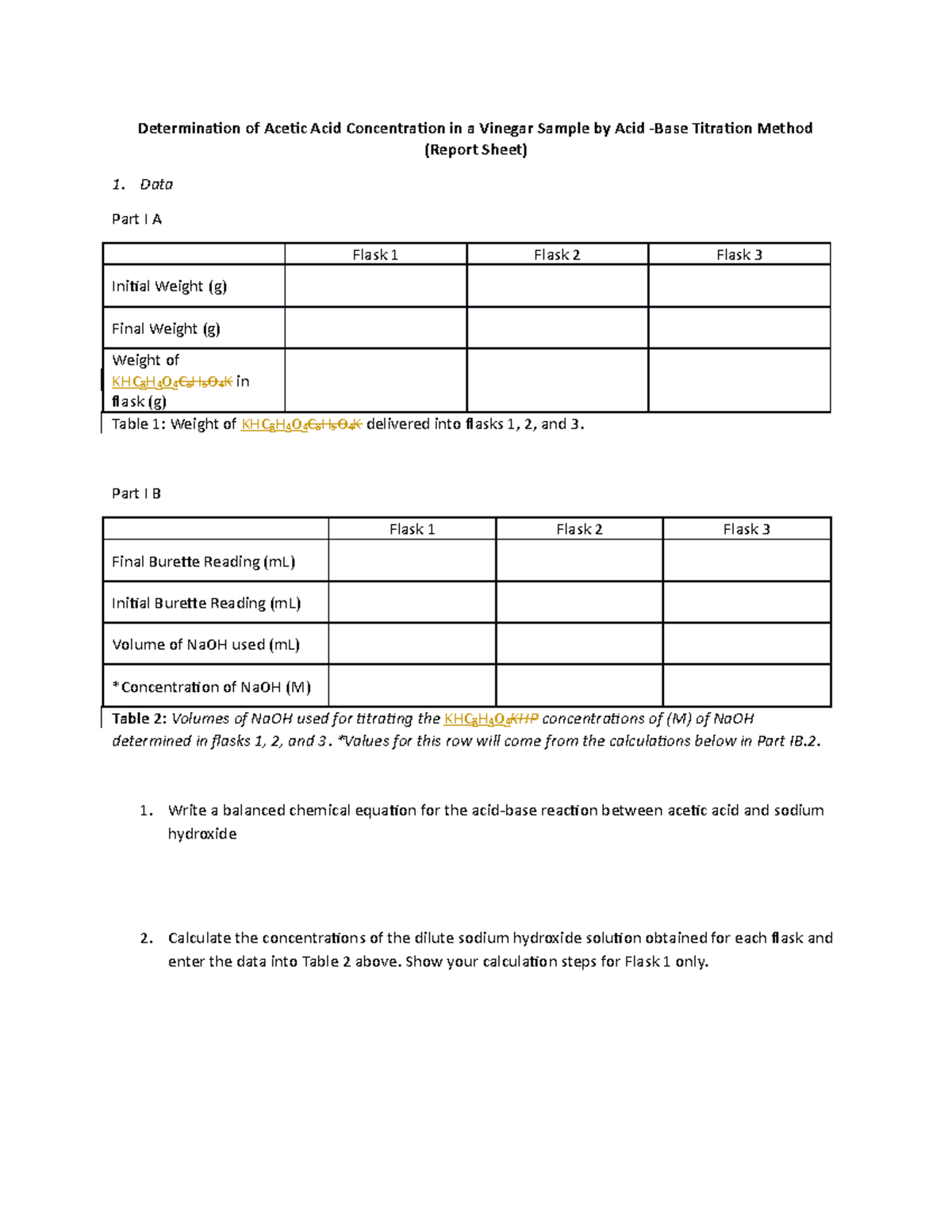 HA AB titration data sheet Determination of Acetic Acid Concentration
