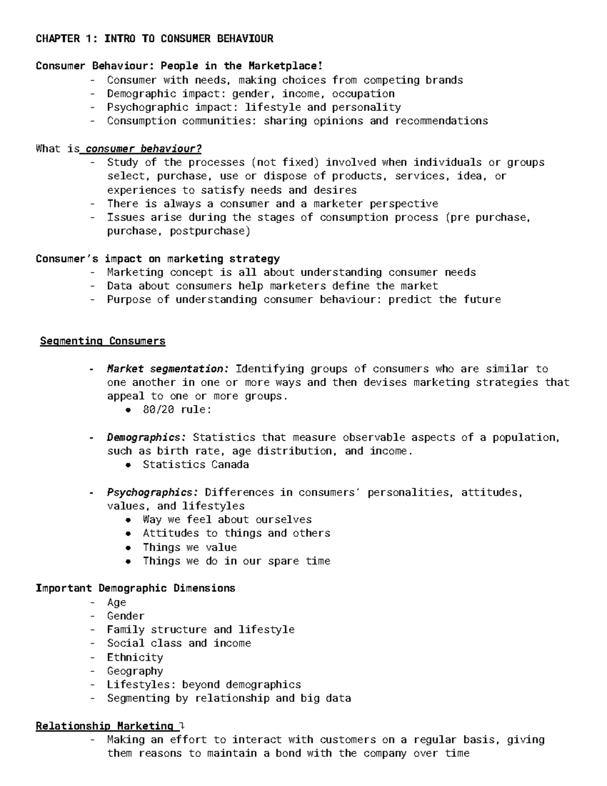 BADM 2020 consumer behaviour notes - CHAPTER 1: INTRO TO CONSUMER ...