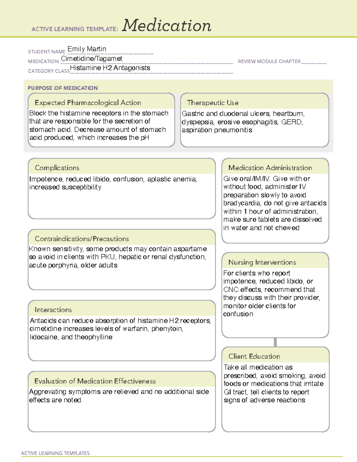 Cimetidine:tagamet - Ati Gastrointestinal Drug Card Review Template On 