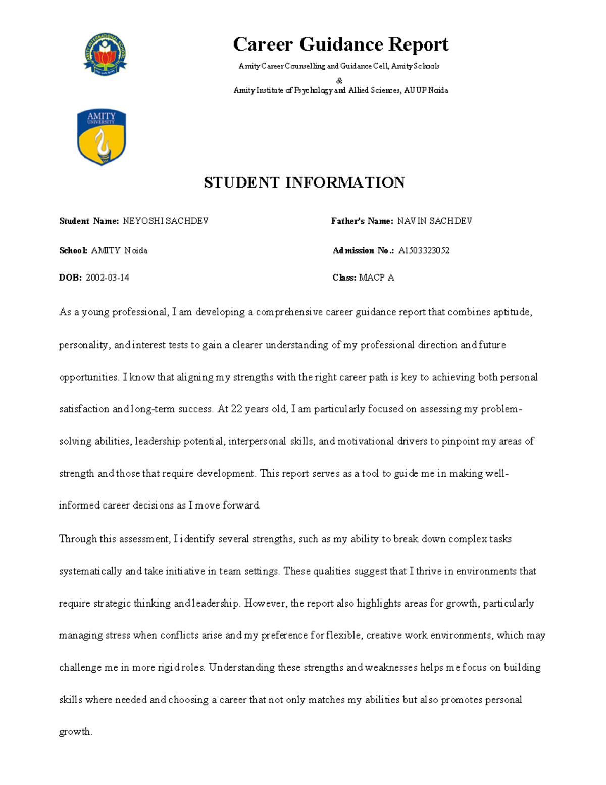 Career guidance report Career Guidance Report Amity Career