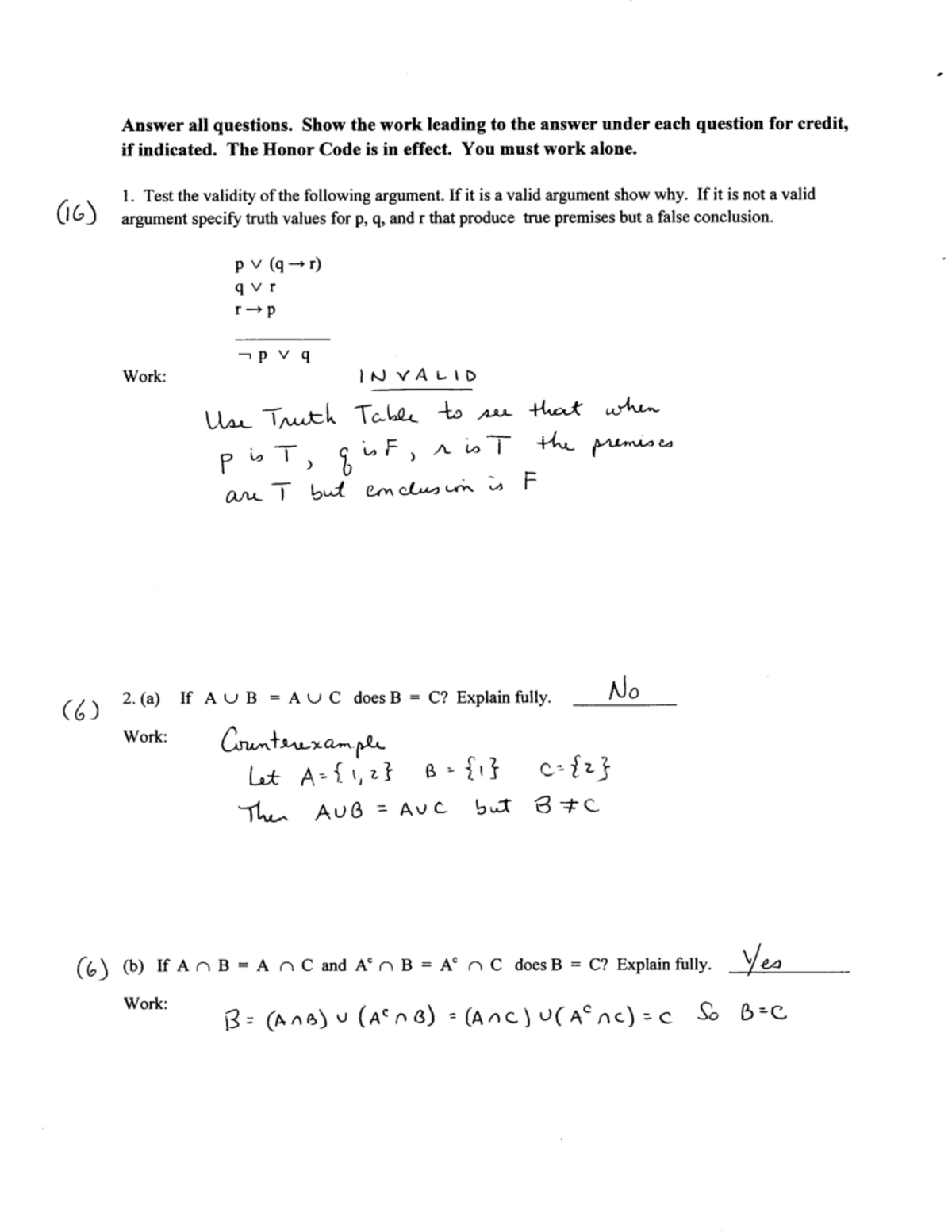 test 1 solutions - ####### Answer all questions. Show the work leading ...