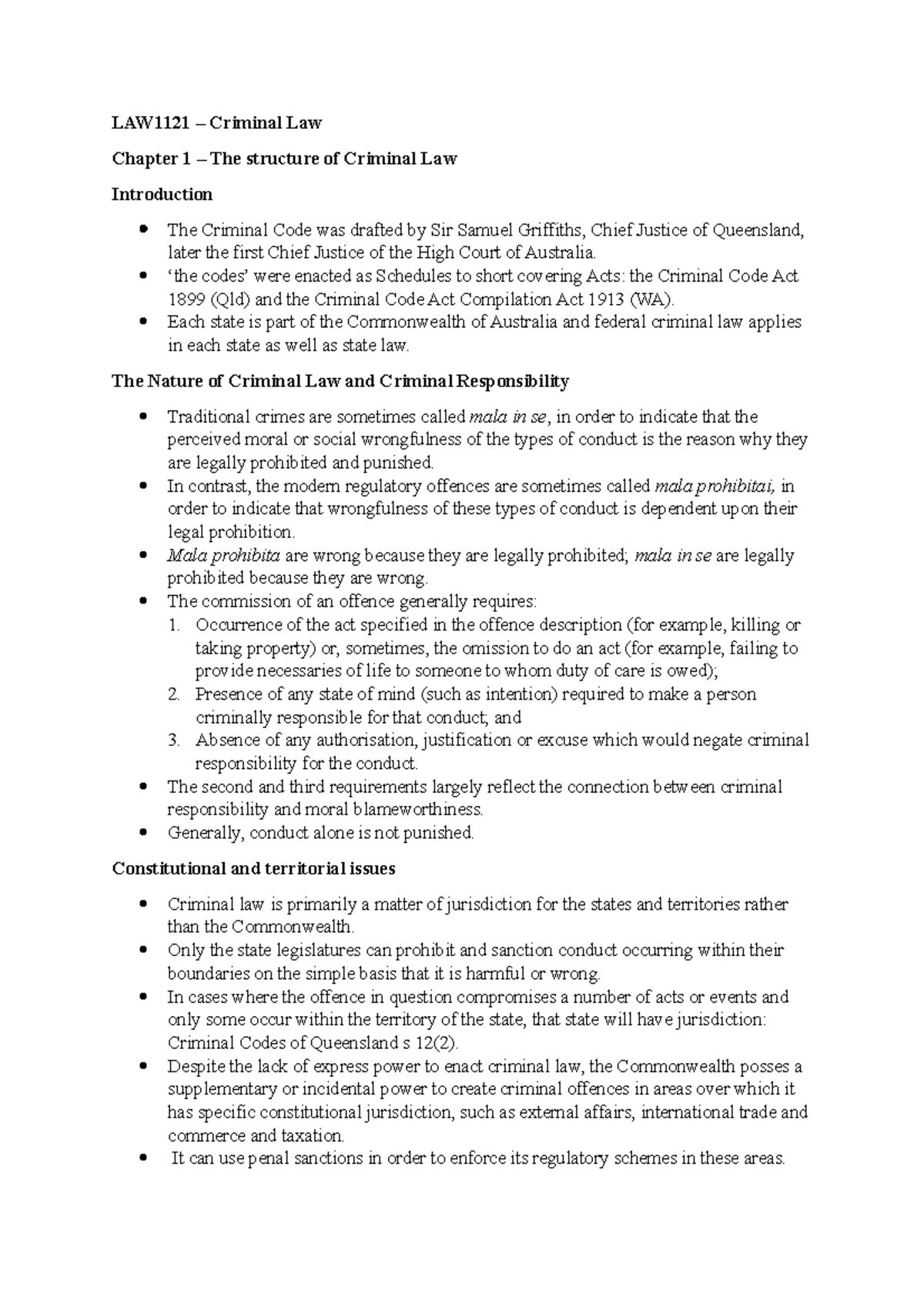 LAW1121 - Notes Chapter 1 - LAW1121 – Criminal Law Chapter 1 – The ...