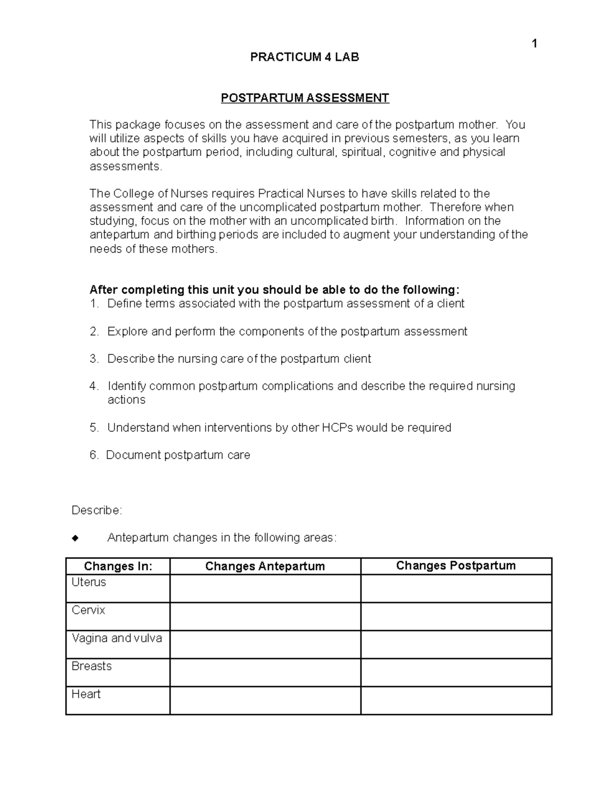 Practicum 4 Lab Postpartum Assessment Guided Learning Package January