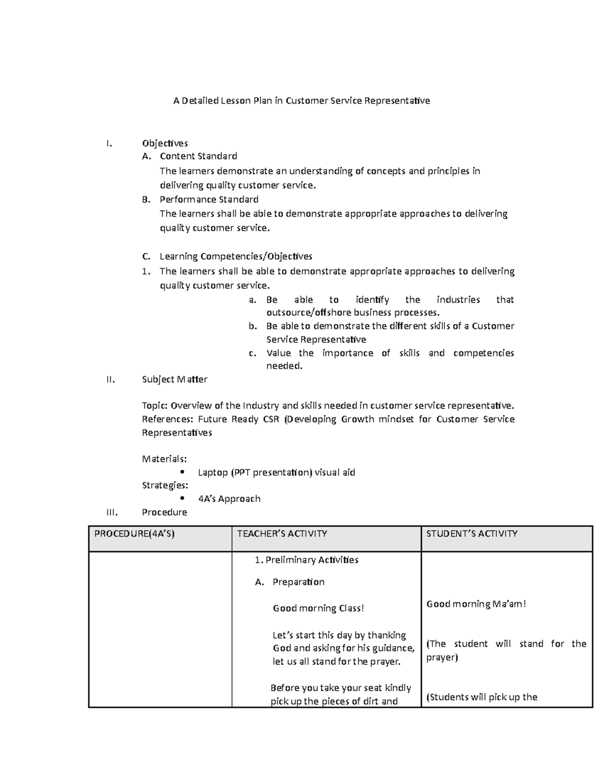 DLP IN CSR Final na Final na - A Detailed Lesson Plan in Customer ...