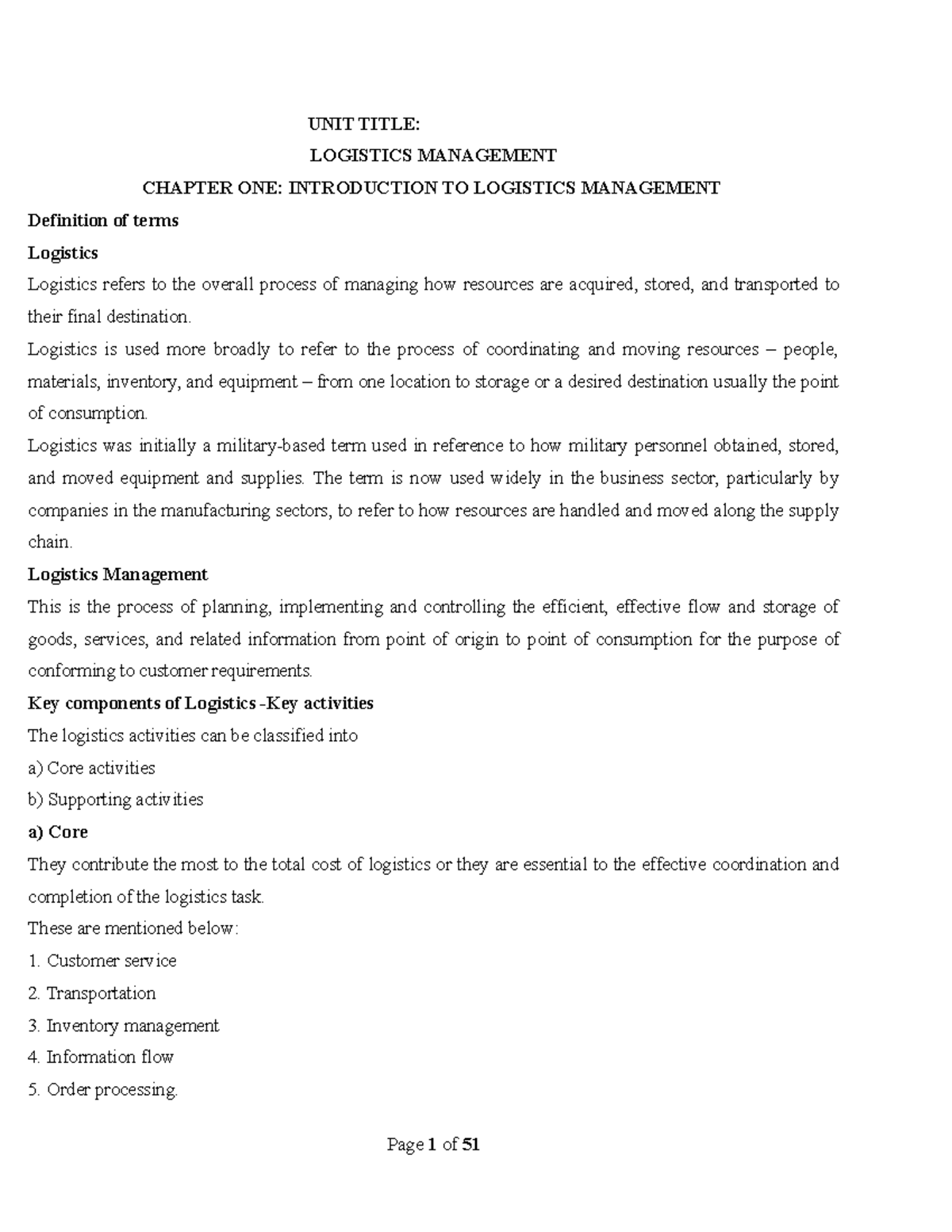 8961-logistics-management - UNIT TITLE: LOGISTICS MANAGEMENT CHAPTER ...