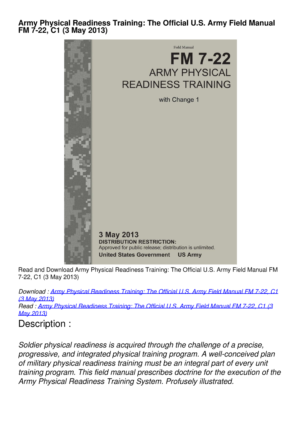 Read ebook [PDF] Army Physical Readiness Training: The Official U.S ...