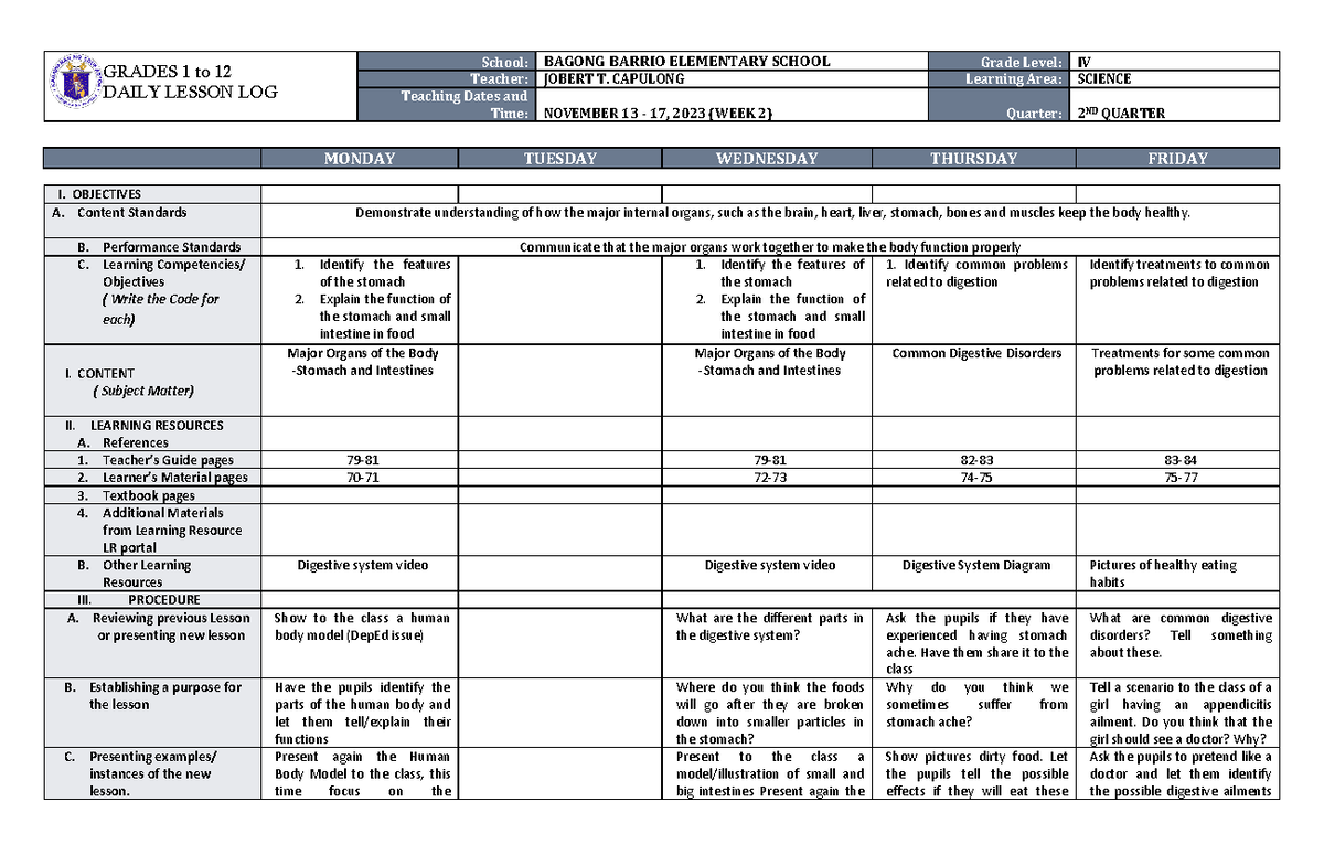 DLL Science 4 Q2 W2 - asd - GRADES 1 to 12 DAILY LESSON LOG School ...