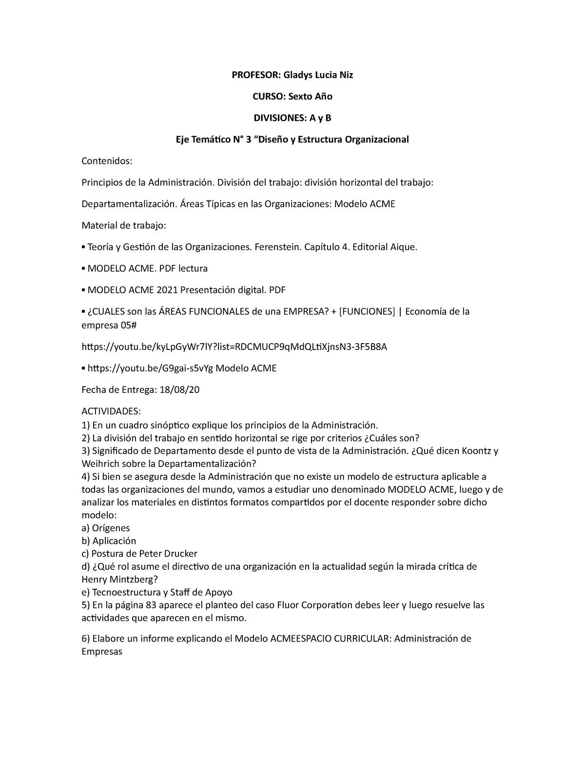 Economia, Estructura organizacional : Modelo .E - PROFESOR: Gladys  Lucia Niz CURSO: Sexto Año - Studocu