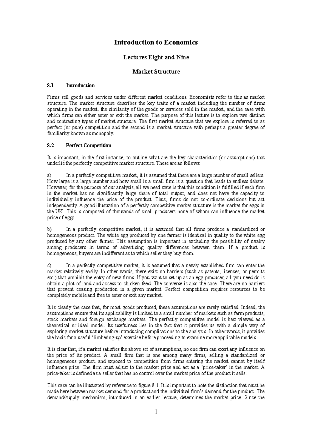 Lecture Notes 8 to 9 - Market structure - Introduction to Economics ...