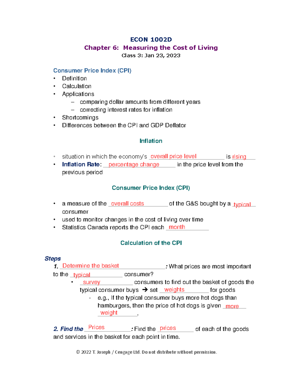 Class 3 - Jan 23 - ECON 1002D Chapter 6: Measuring the Cost of Living ...