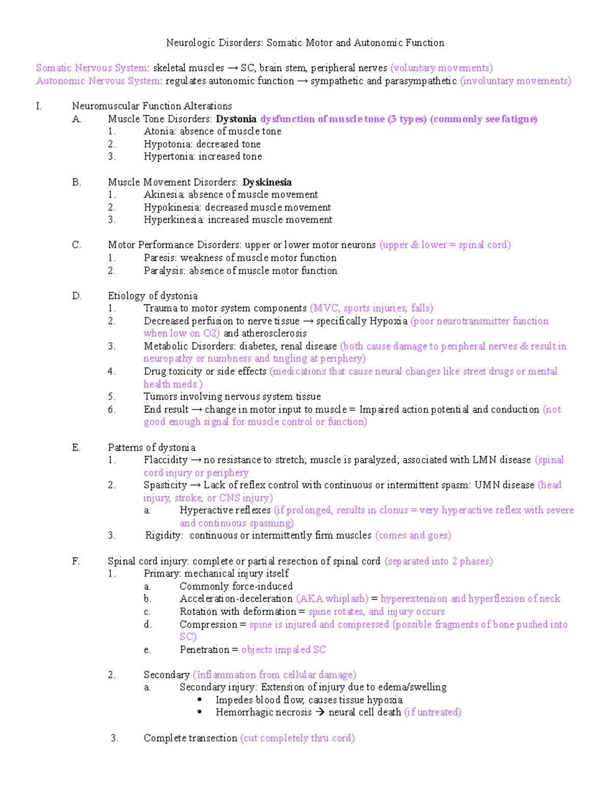 Somatic Disorders Notes - Neurologic Disorders: Somatic Motor and ...