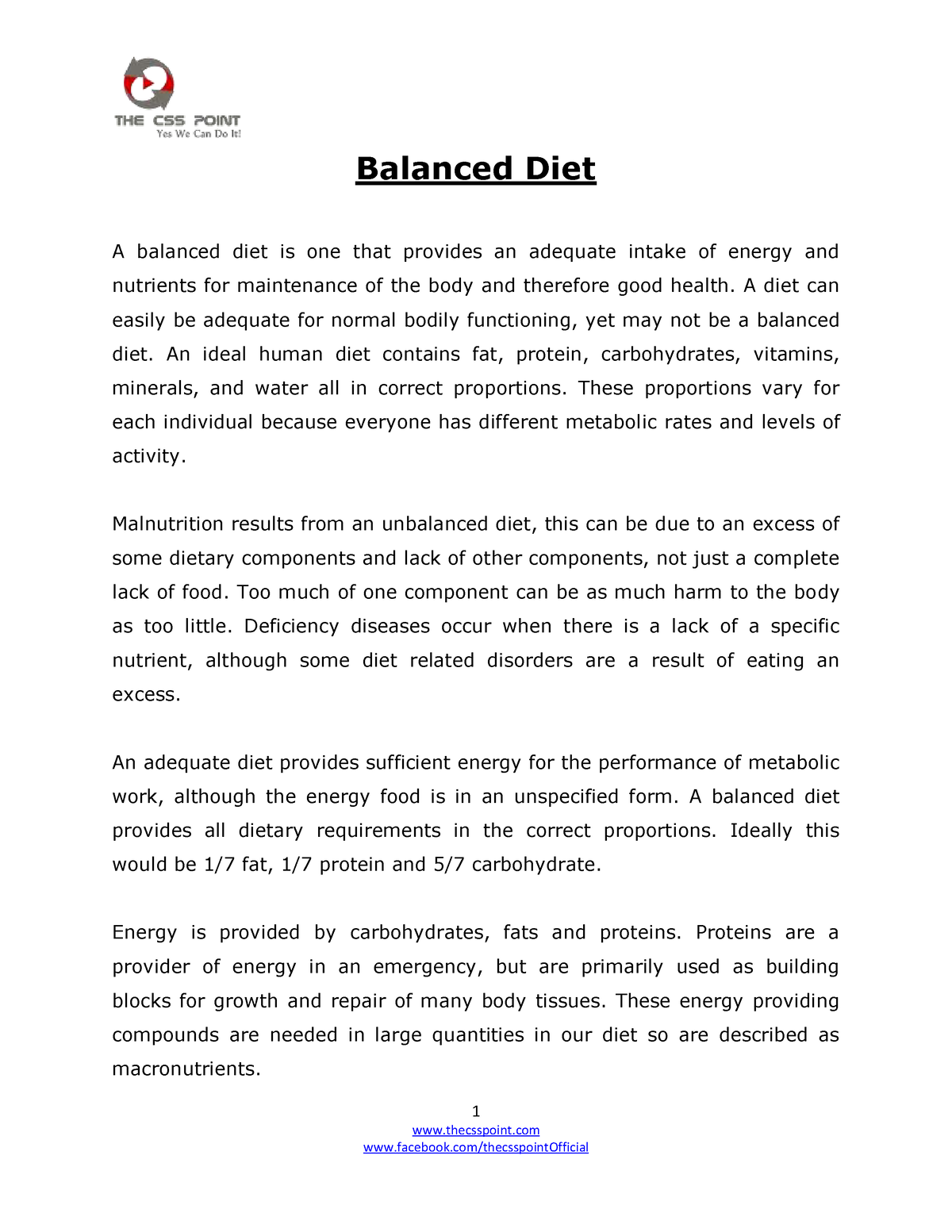 assignment of balanced diet