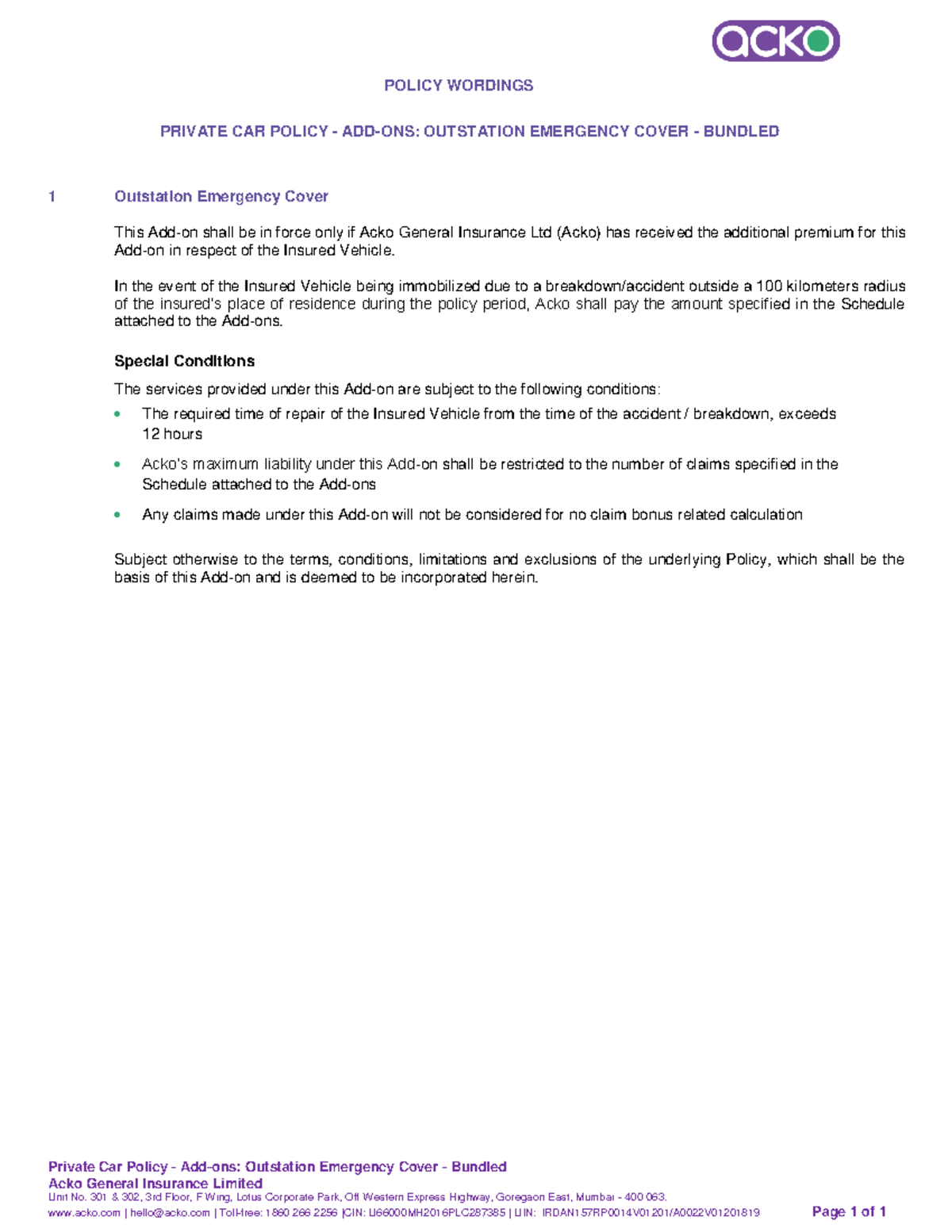 Private car policy add ons outstation emergency cover bundled policy